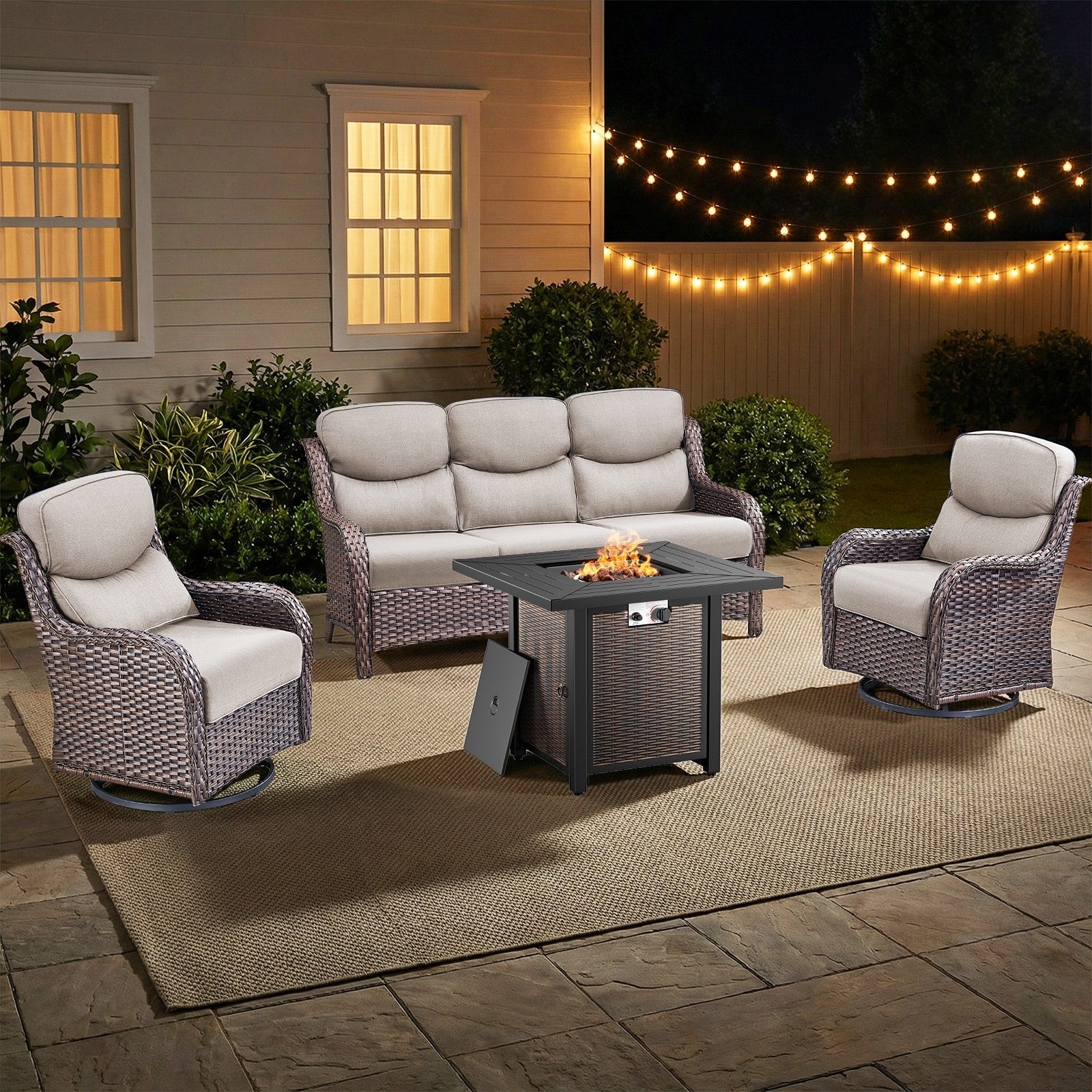 Pocassy Outdoor 5In Sofa Swivel Chair With Fire Pit Table Set