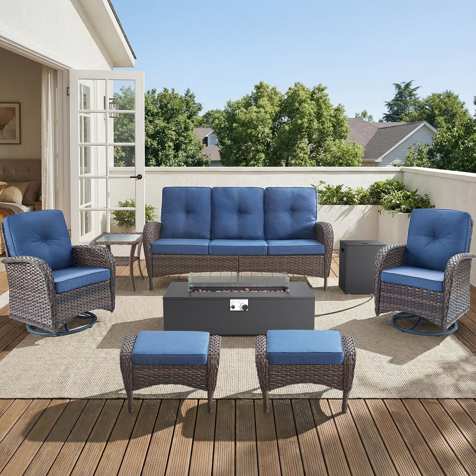 Pocassy Outdoor 7 Piece Sofa Swivel Chair Ottoman With Fire Table