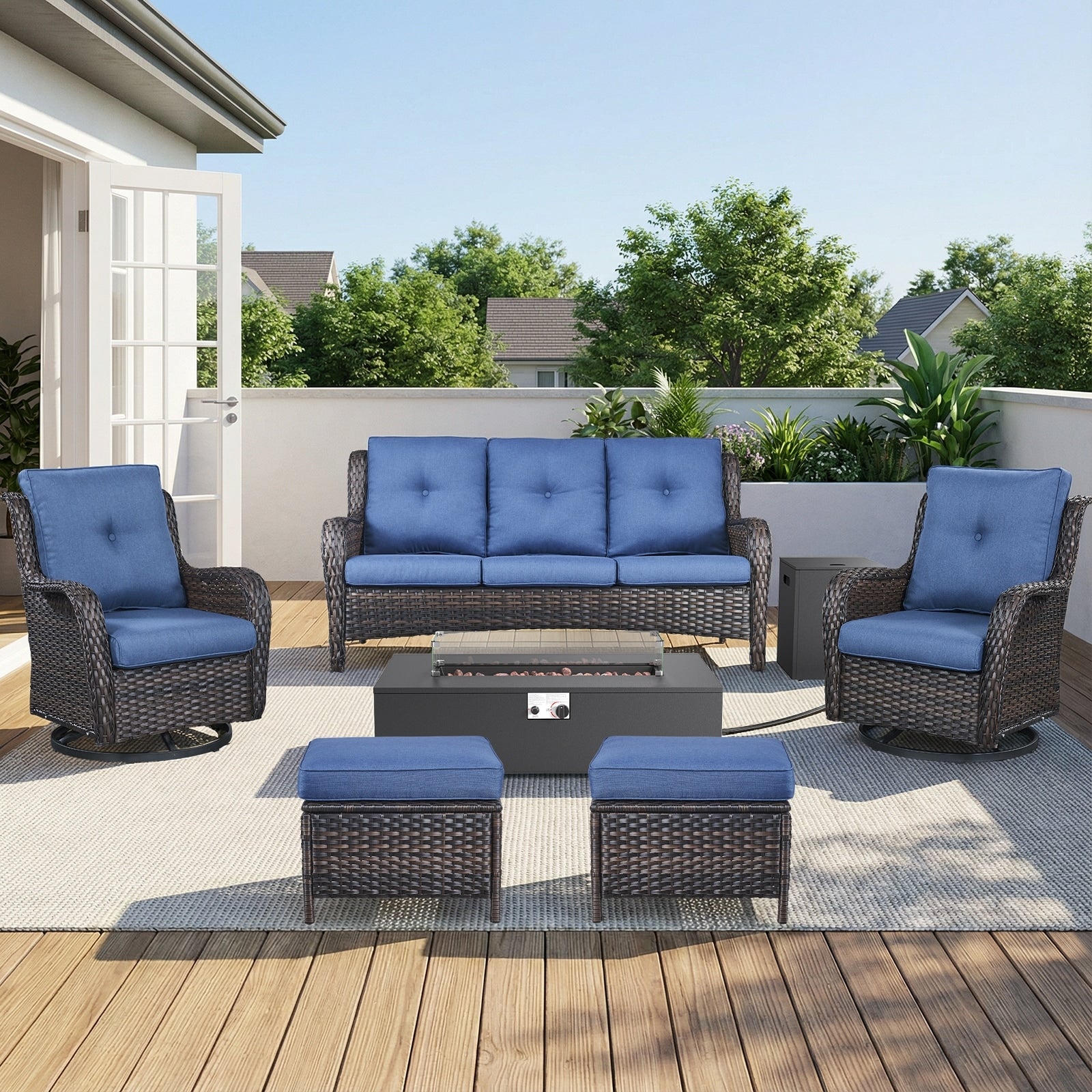 Pocassy Outdoor 7 Pieces Sofa Swivel Chair Ottoman With Fire Table