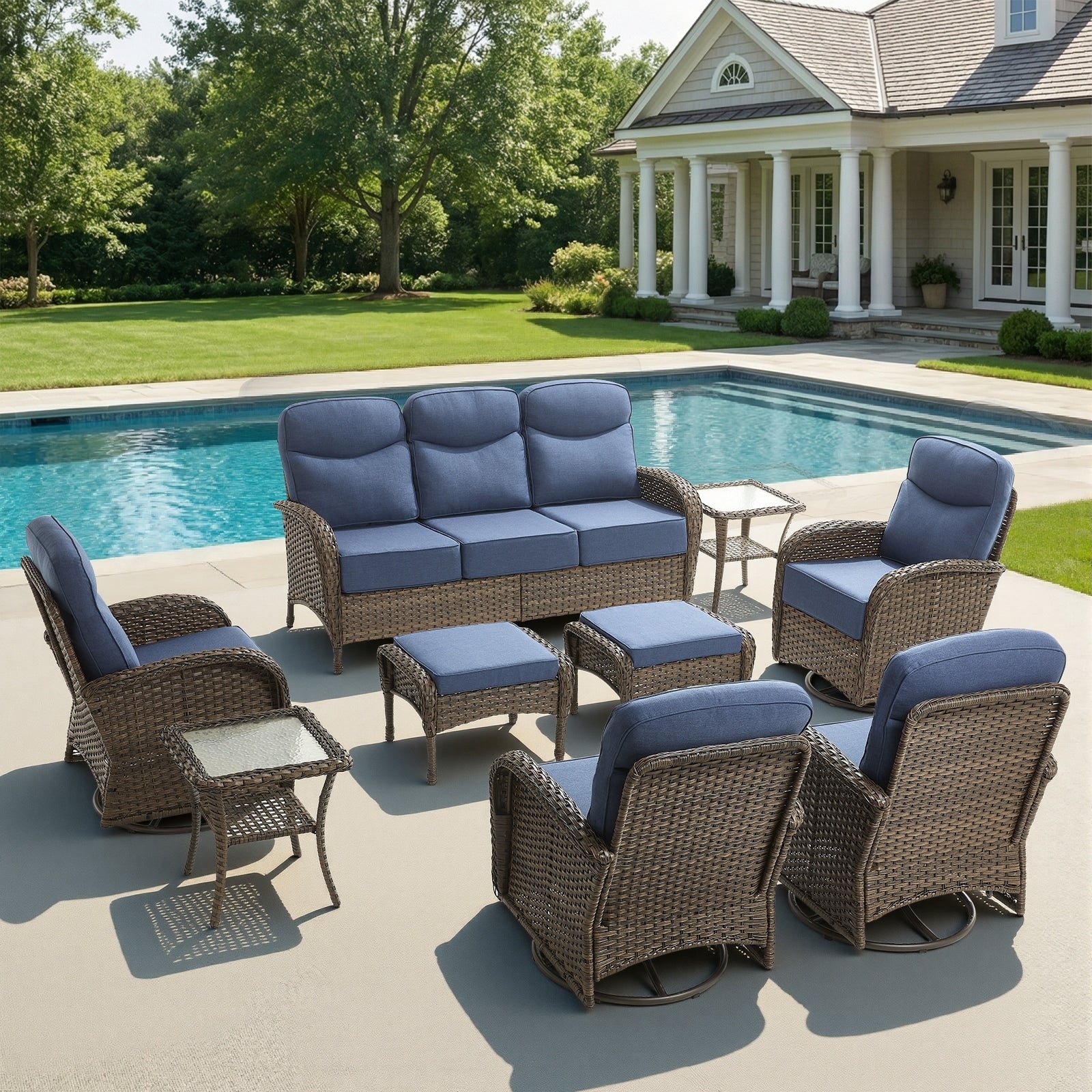 Pocassy Outdoor 9 Piece Sofa Swivel Chiar With Ottoman