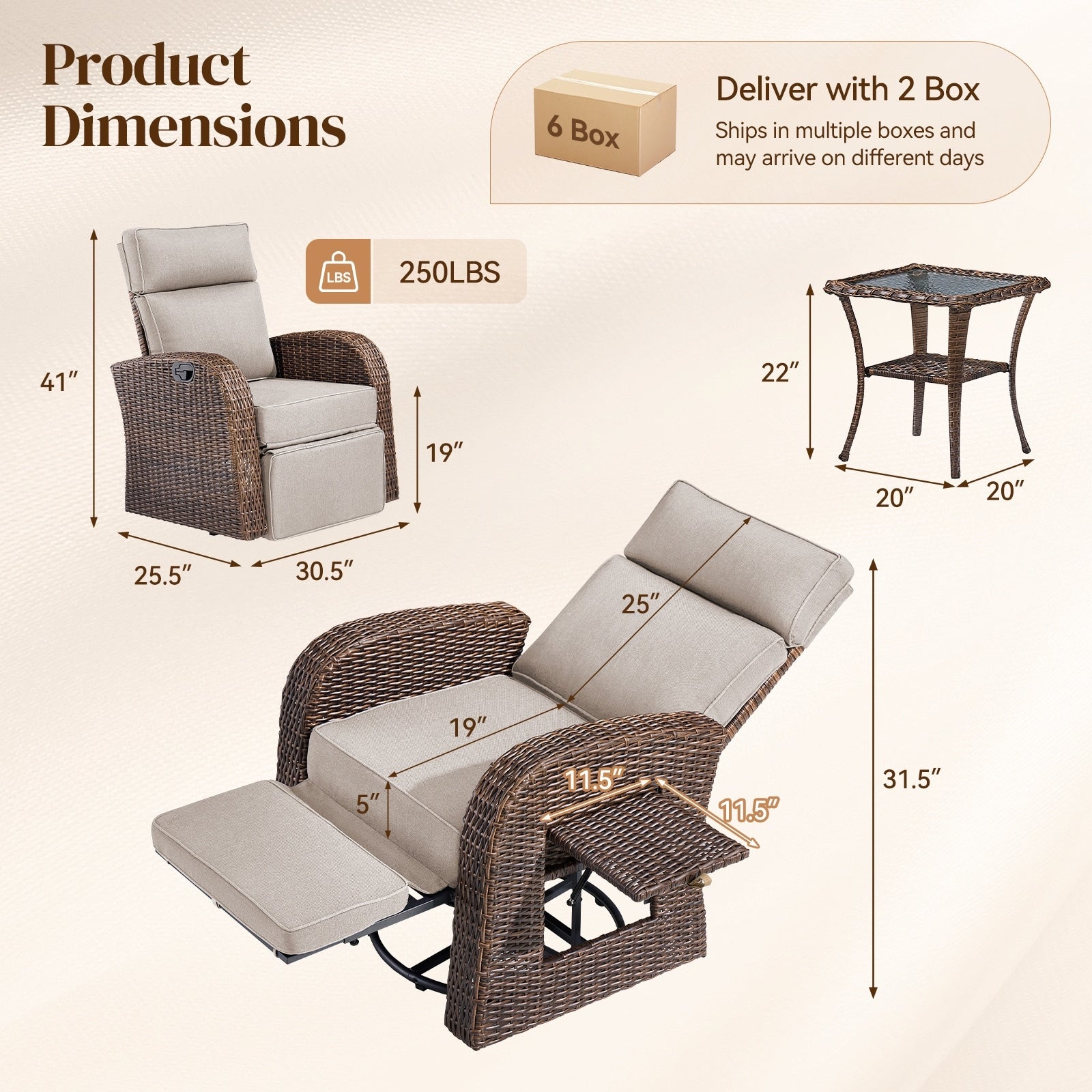 Pocassy Outdoor Rattan Reclining Loungers With Flip Up Table With Adjustable Backrest Set