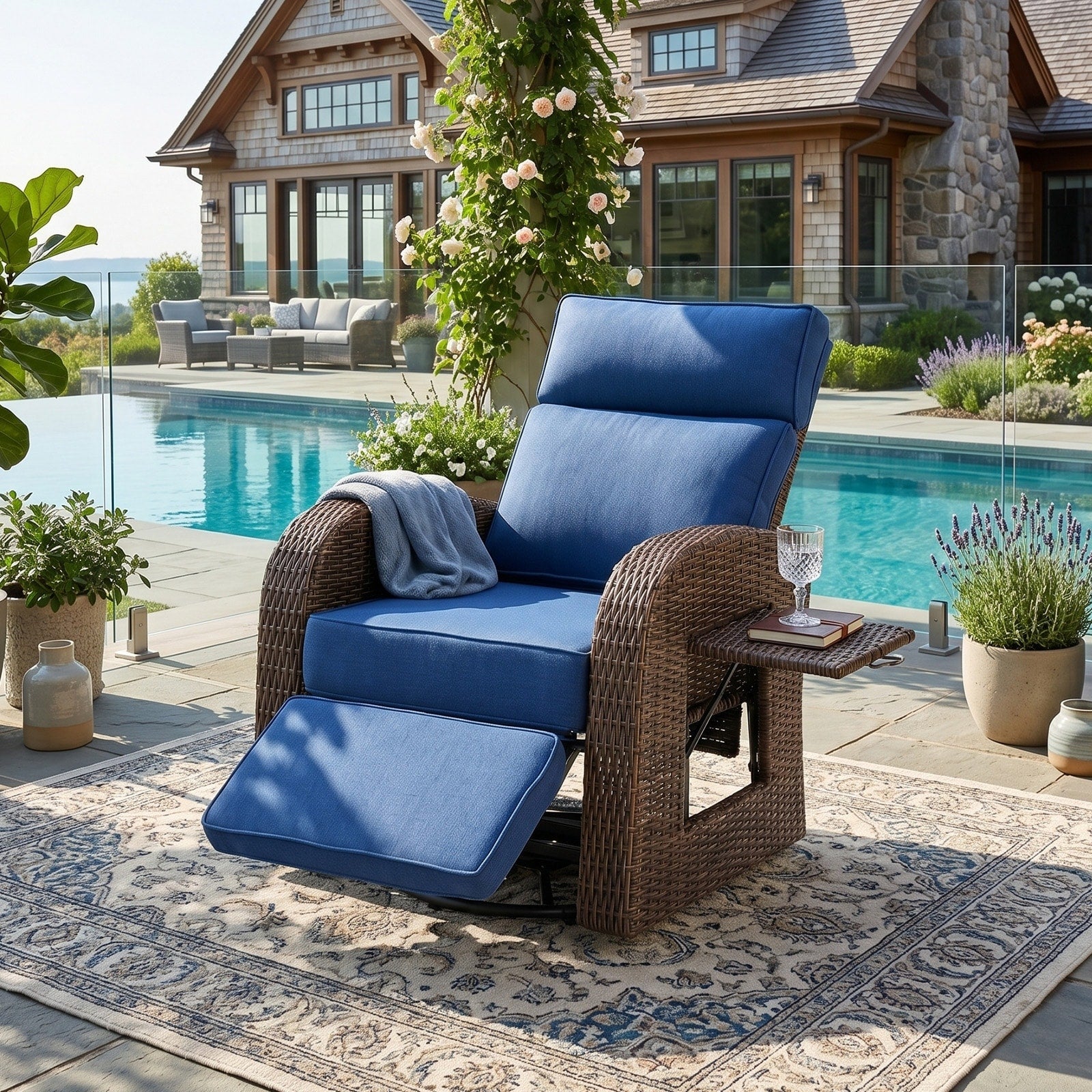 Pocassy Outdoor Reclining Chaise Lounge With Flip Up Table With Adjustable Backrest Set