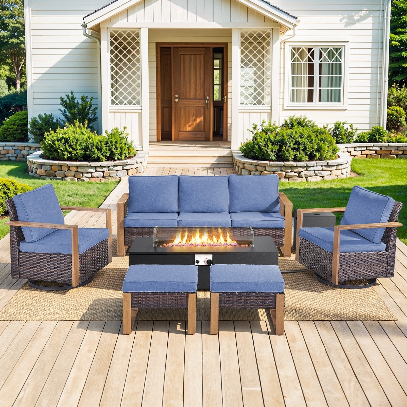 Pocassy Outdoor Sofa Swivel Chair Ottoman W 43 Fire Pit Set