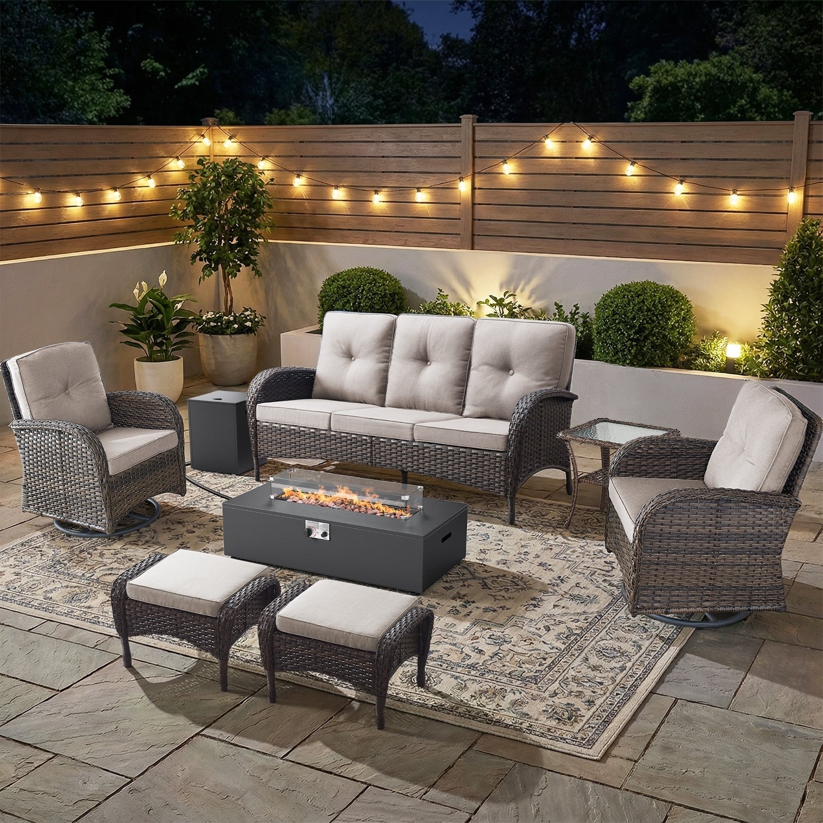 Pocassy Outdoor Sofa Swivel Chair Set With Fire Pit Table