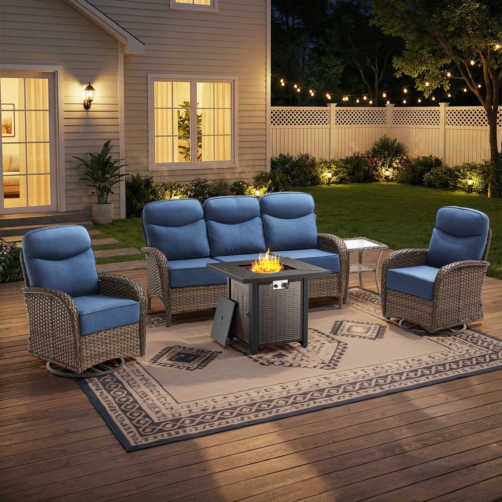 Pocassy Outdoor Sofa Swivel Chair And Ottman With 30In Fire Pit Table