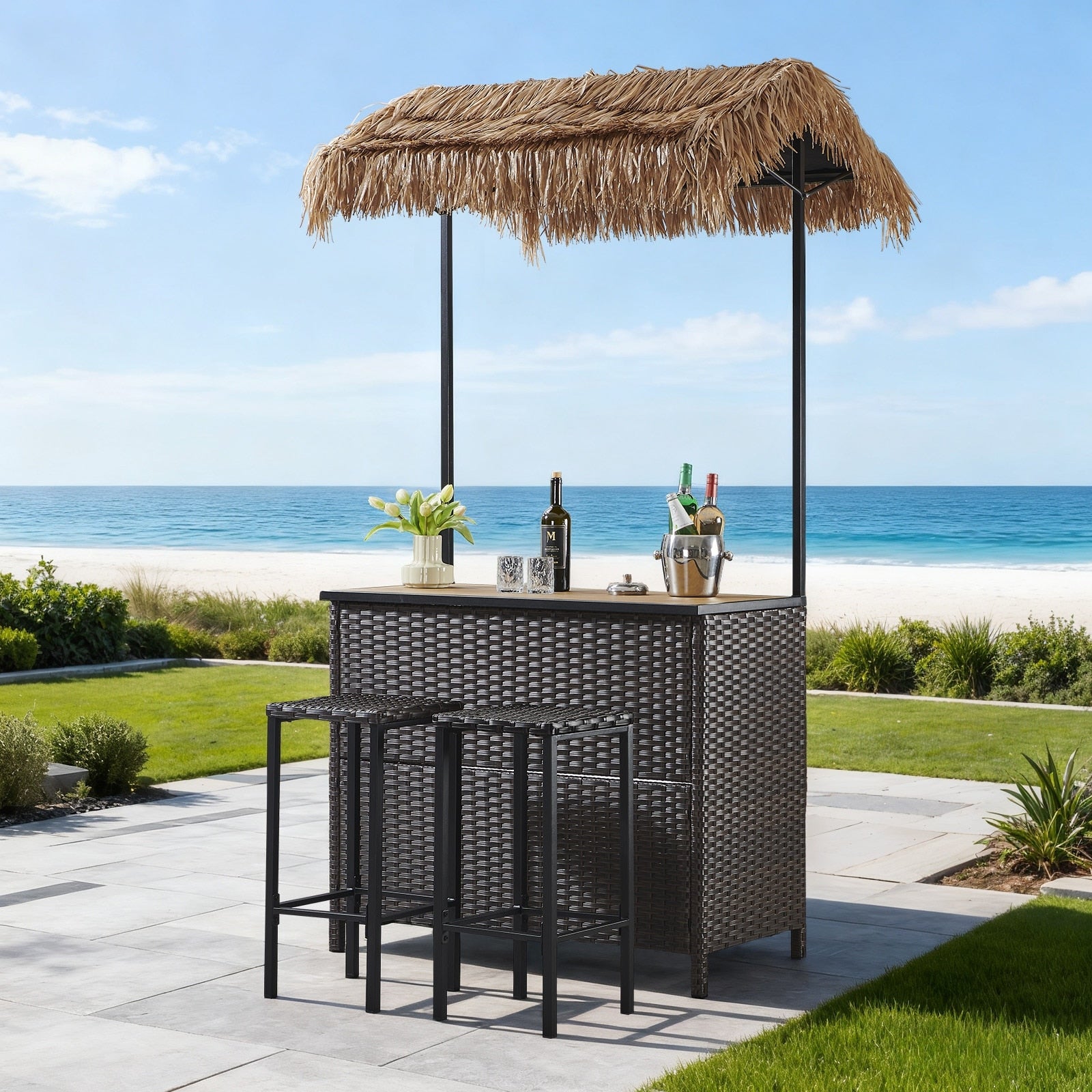 Pocassy Outdoor Tiki Bar Patio Set With 2 Stools Storage For Garden