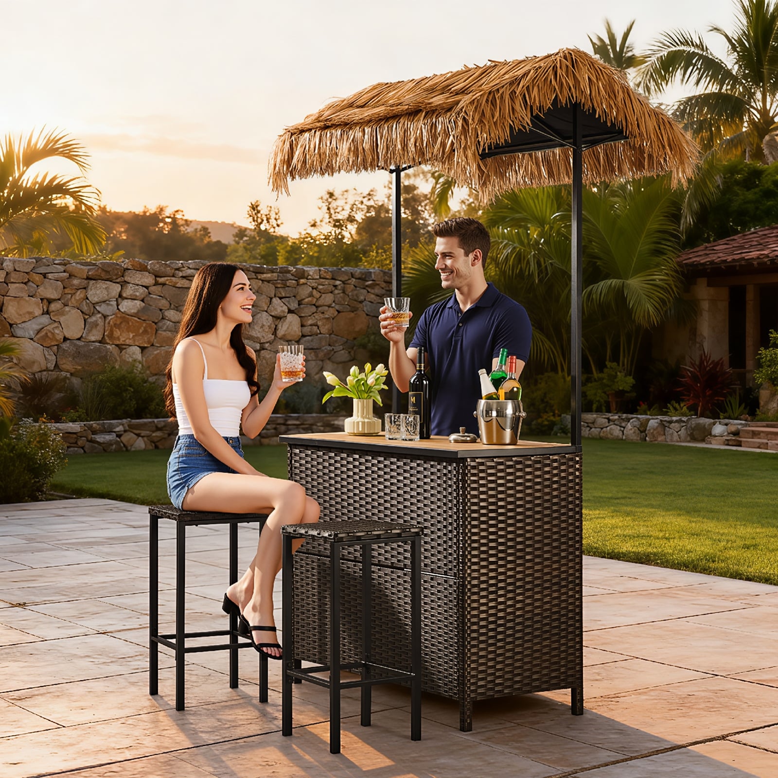 Pocassy Outdoor Tiki Bar Patio Set With 2 Stools Storage For Garden