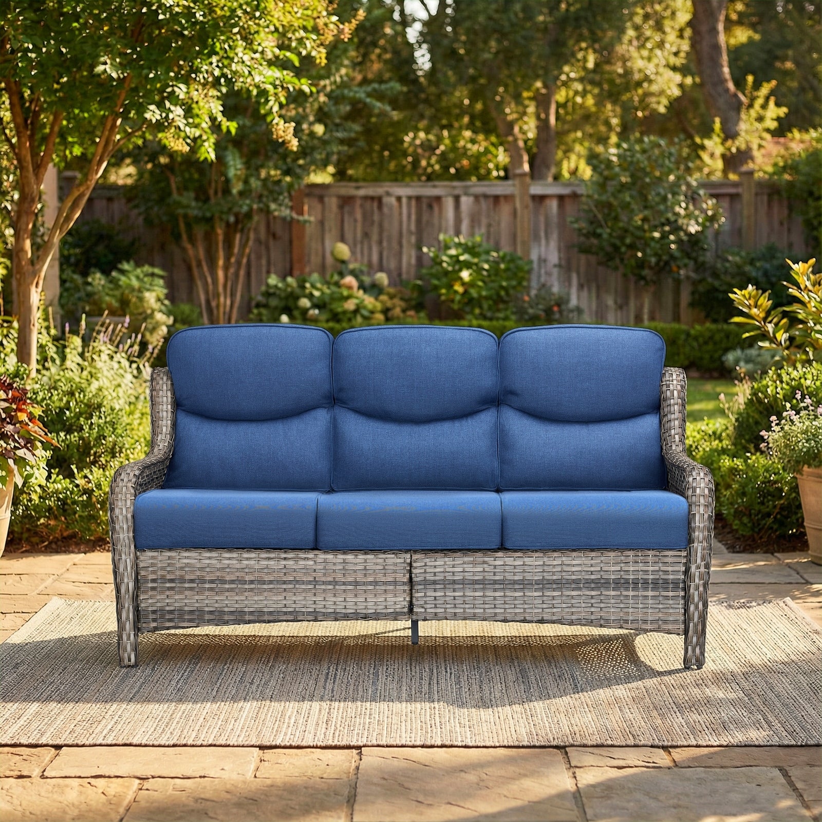 Pocassy Outdoor Wicker 3 Seat Sofa With 5 In Thick Cushion Patio Sofa