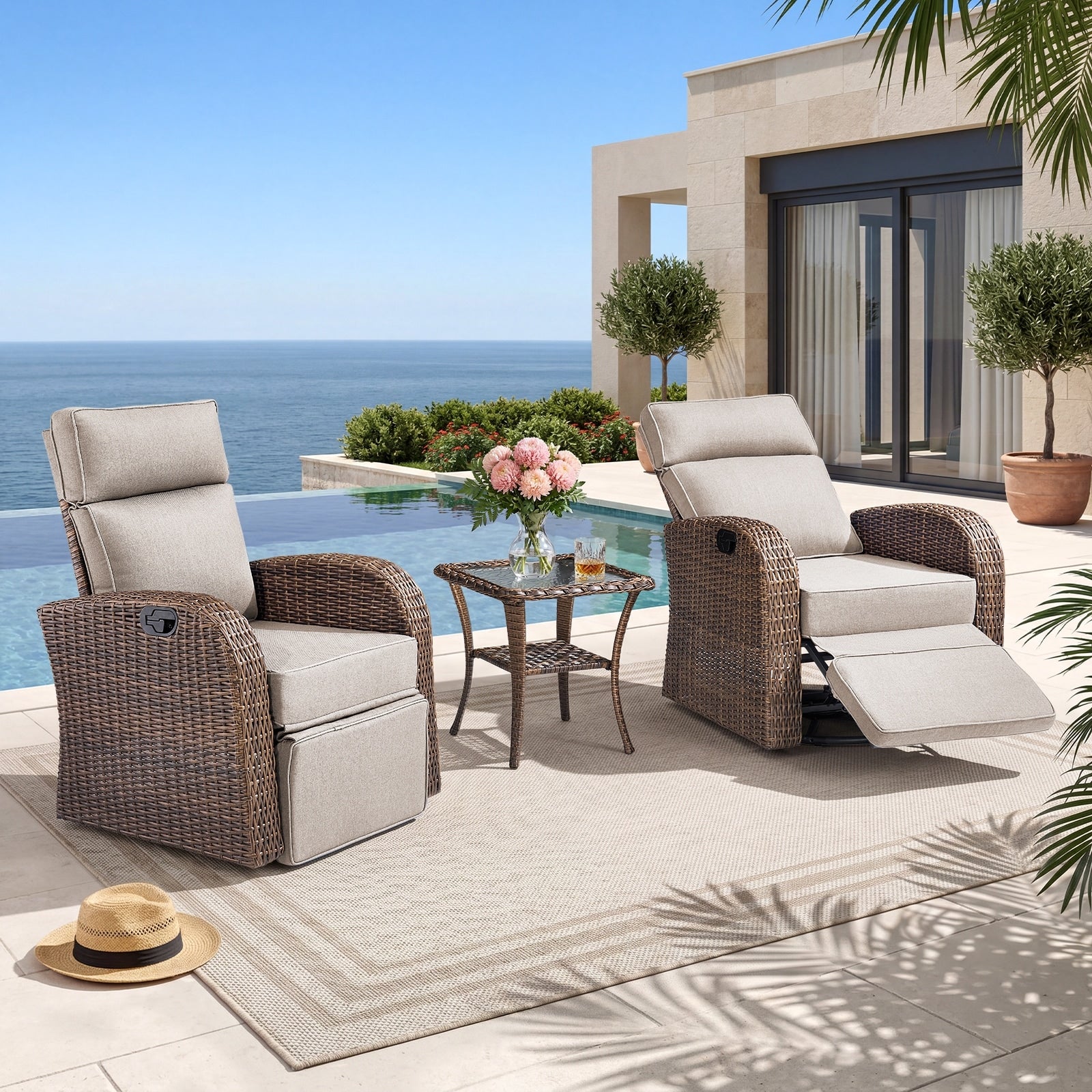 Pocassy Outdoor Wicker Reclining Lounge Chair With Flip Up Table With Adjustable Backrest Set