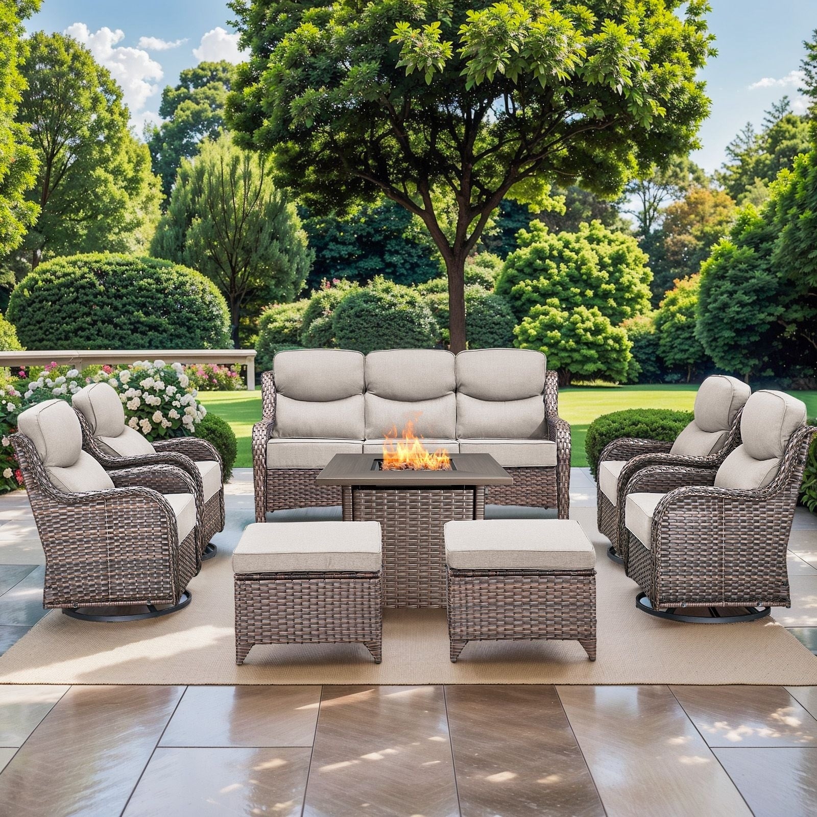 Pocassy Outdoor Wicker Sofa With Swivel Chair Fire Pit Table Furniture Set