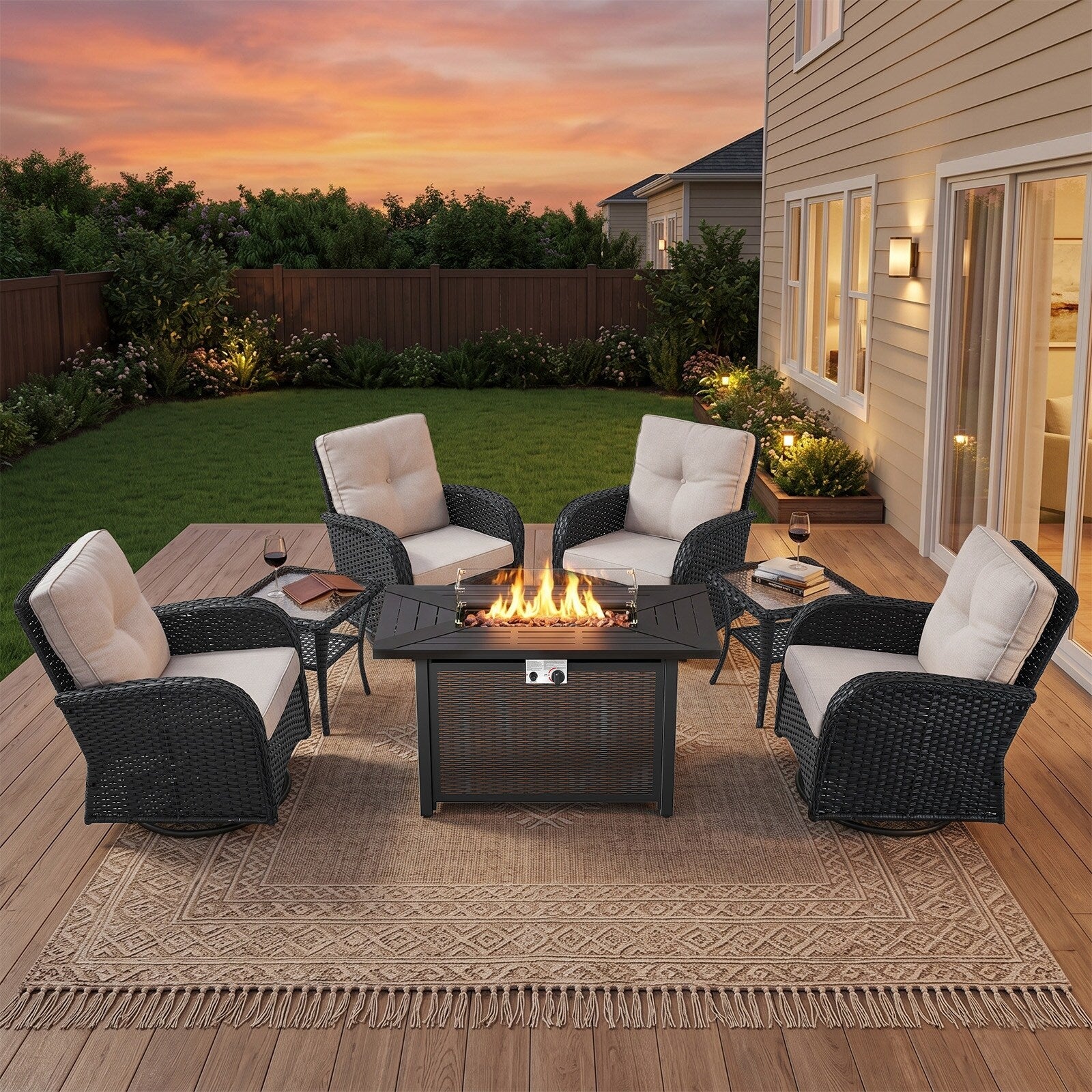 Pocassy Outdside Sofa Ottman Swivel Chair Set With Fire Pit Table.