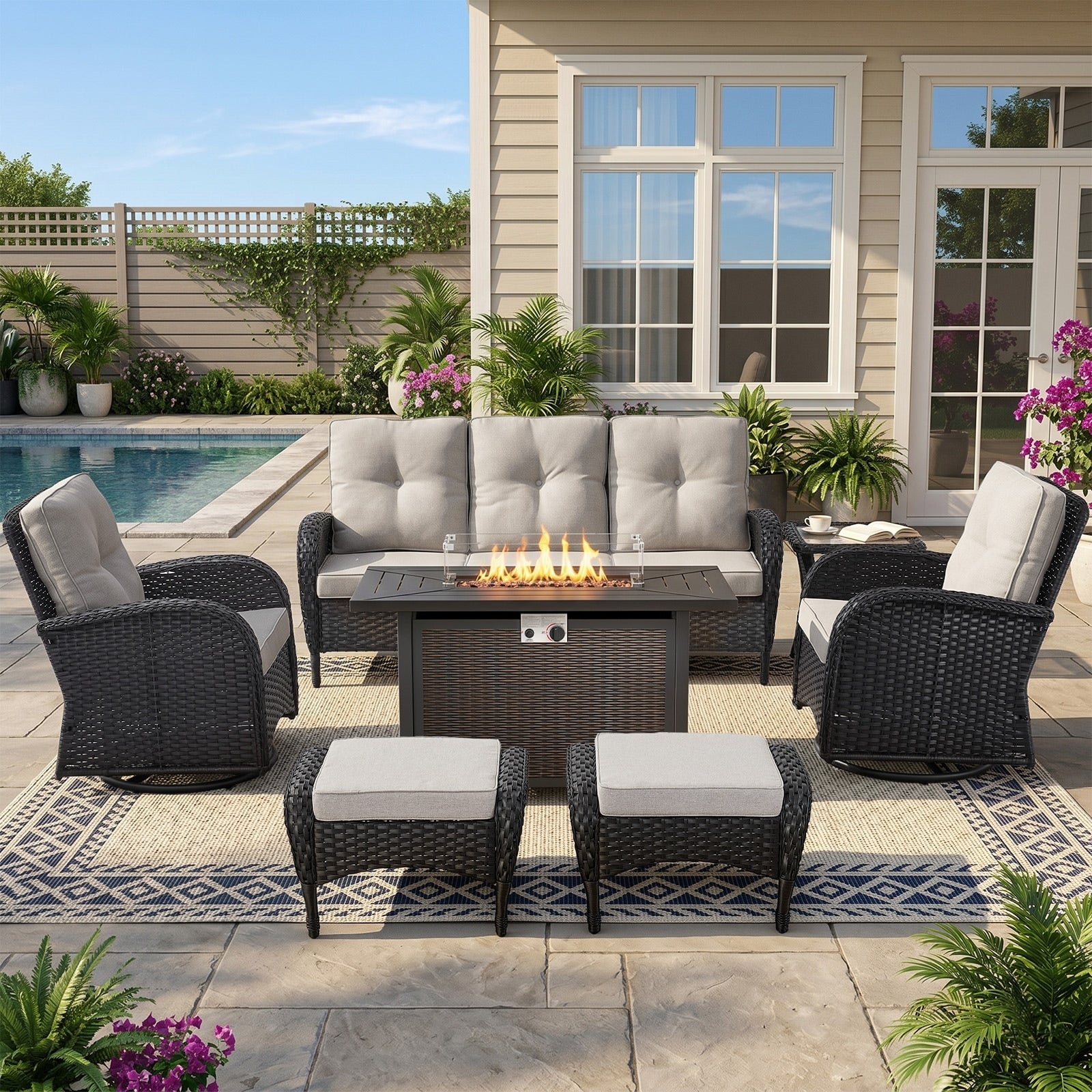 Pocassy Outdside Sofa Swivel Chair Ottman Set With Fire Pit Table.