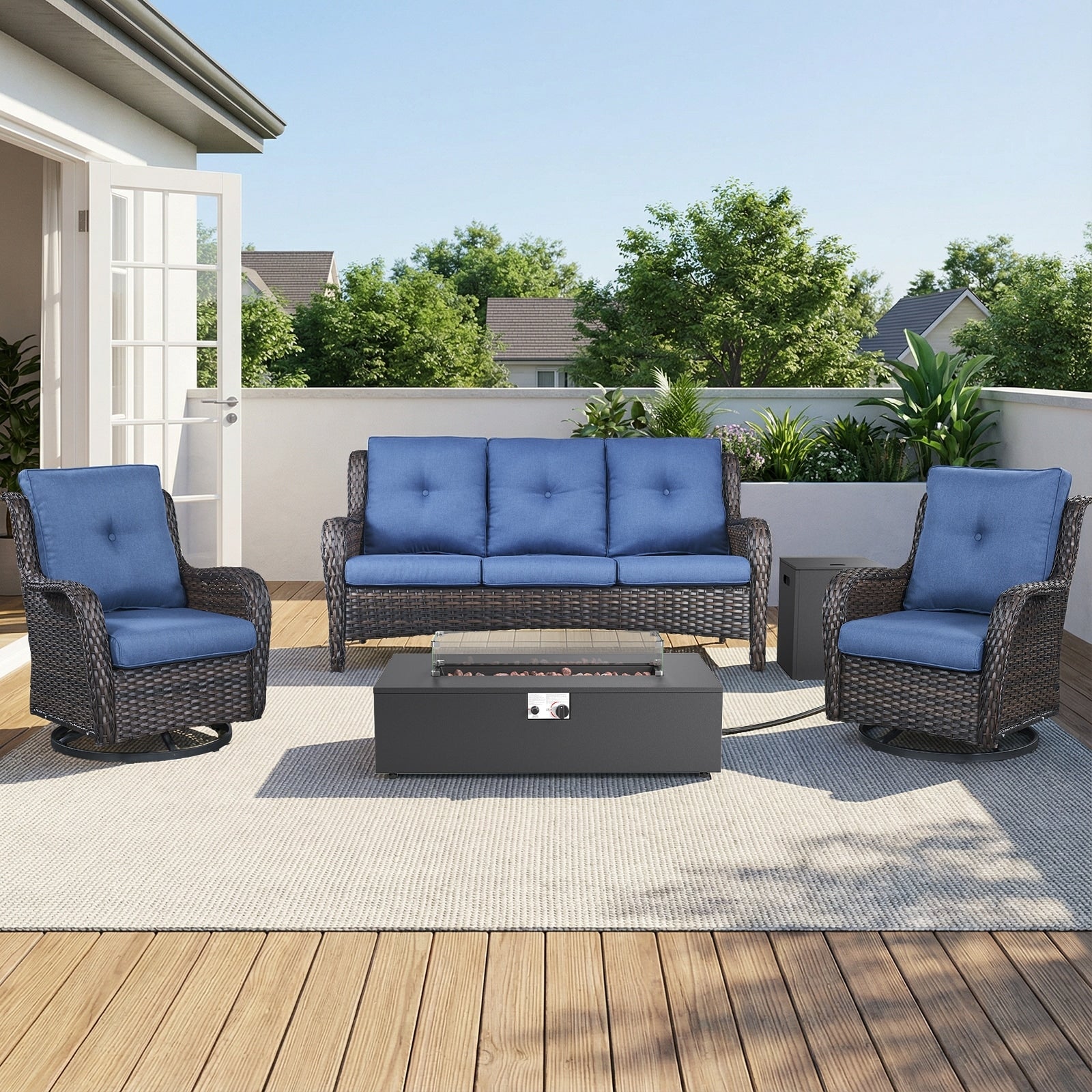Pocassy Patio 5 7 Piece Sofa Swivel Chair Ottoman With Fire Pit Table