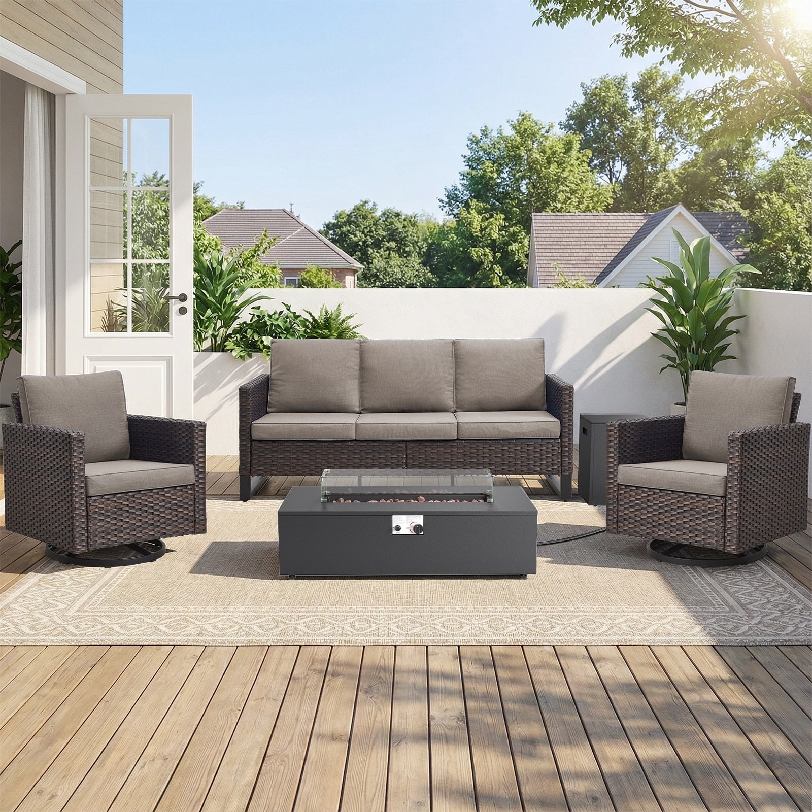 Pocassy Patio 5 7Pcs Sofa Swivel Chair Ottoman With Fire Pit Table