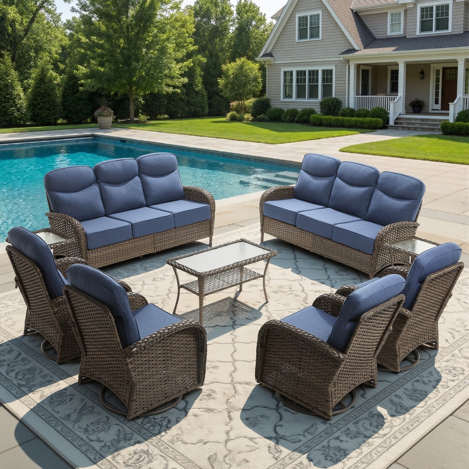Pocassy Patio 9 Piece Sofa Swivel Chiar With Coffee Table