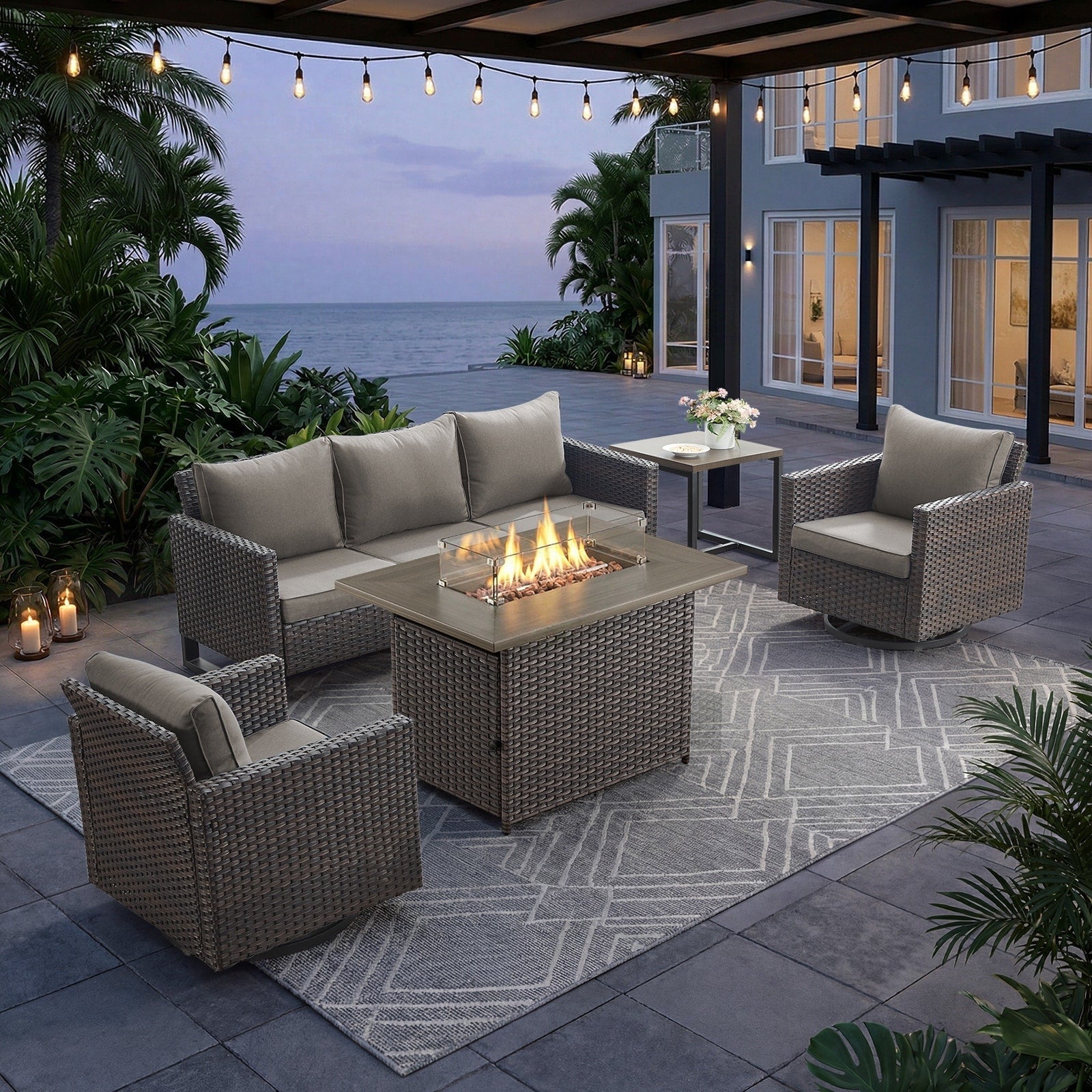 Pocassy Patio Sectional Sofa With Fire Pit Table Conversation Sets
