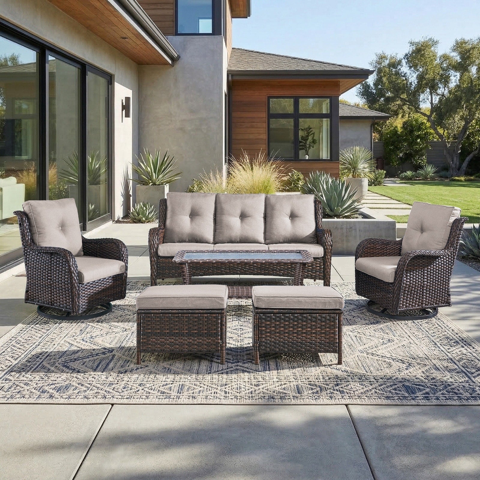 Pocassy Patio Sofa Swivel Glider Chair With 4 Thick Cushion Set