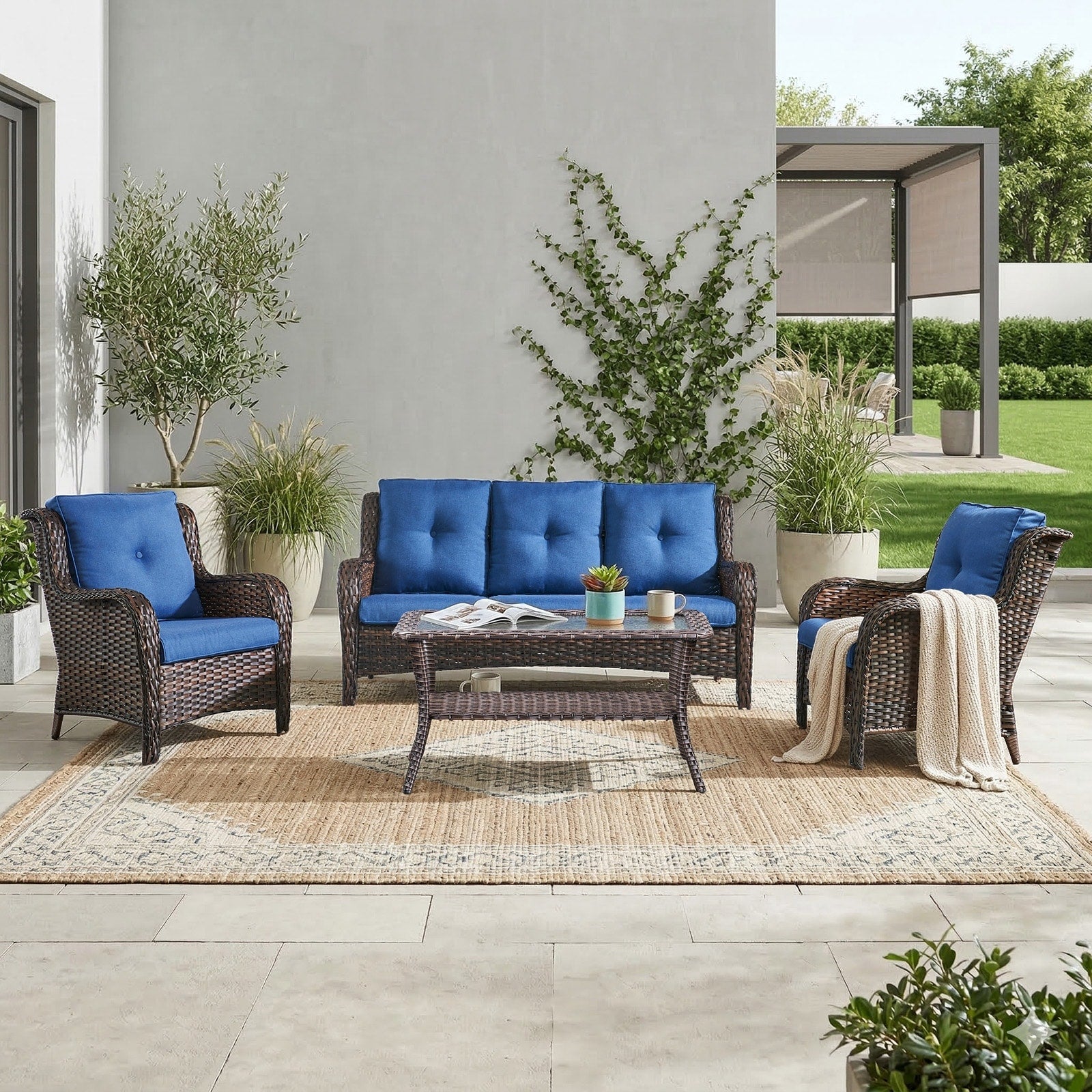 Pocassy Patio Sofa Wicker Chair With 4 Thick Cushion Set