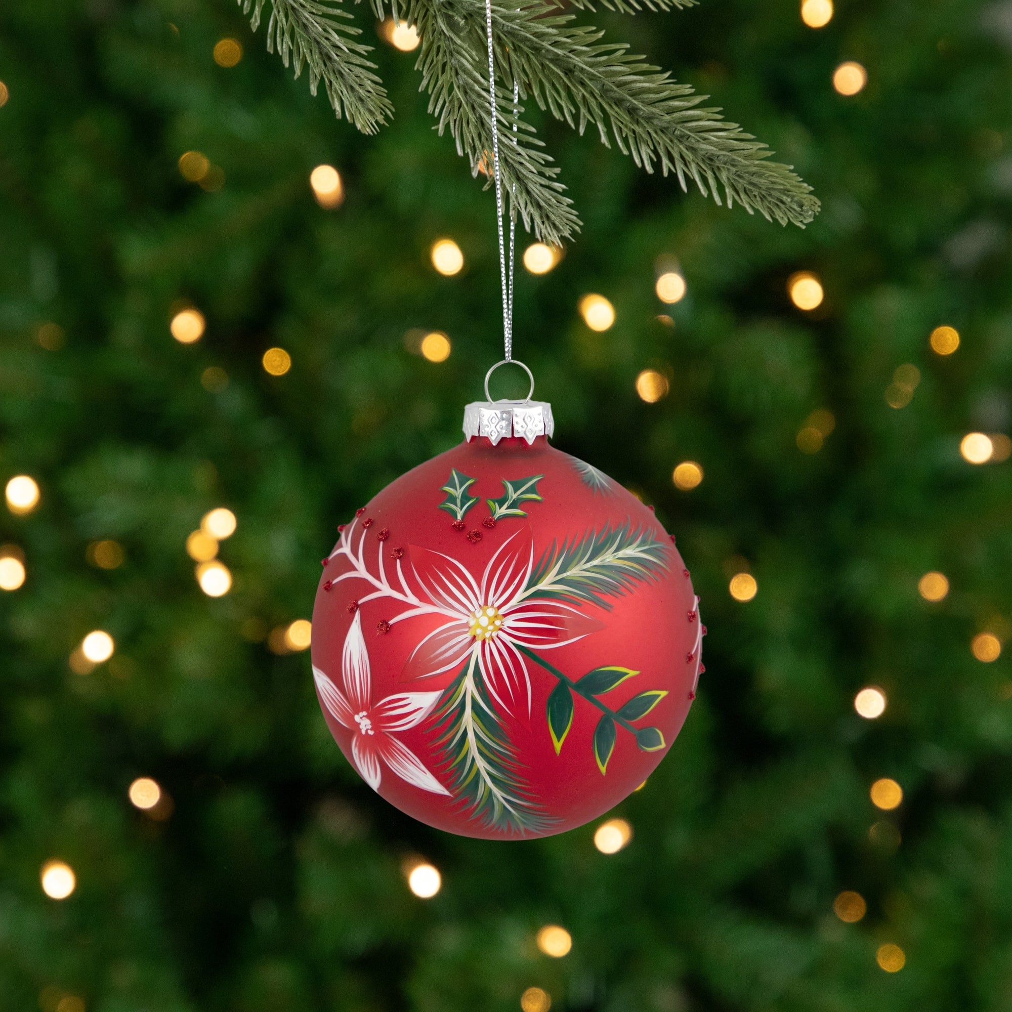 4 Red Poinsettia And Jewel Holly Glass Ball Christmas Ornament