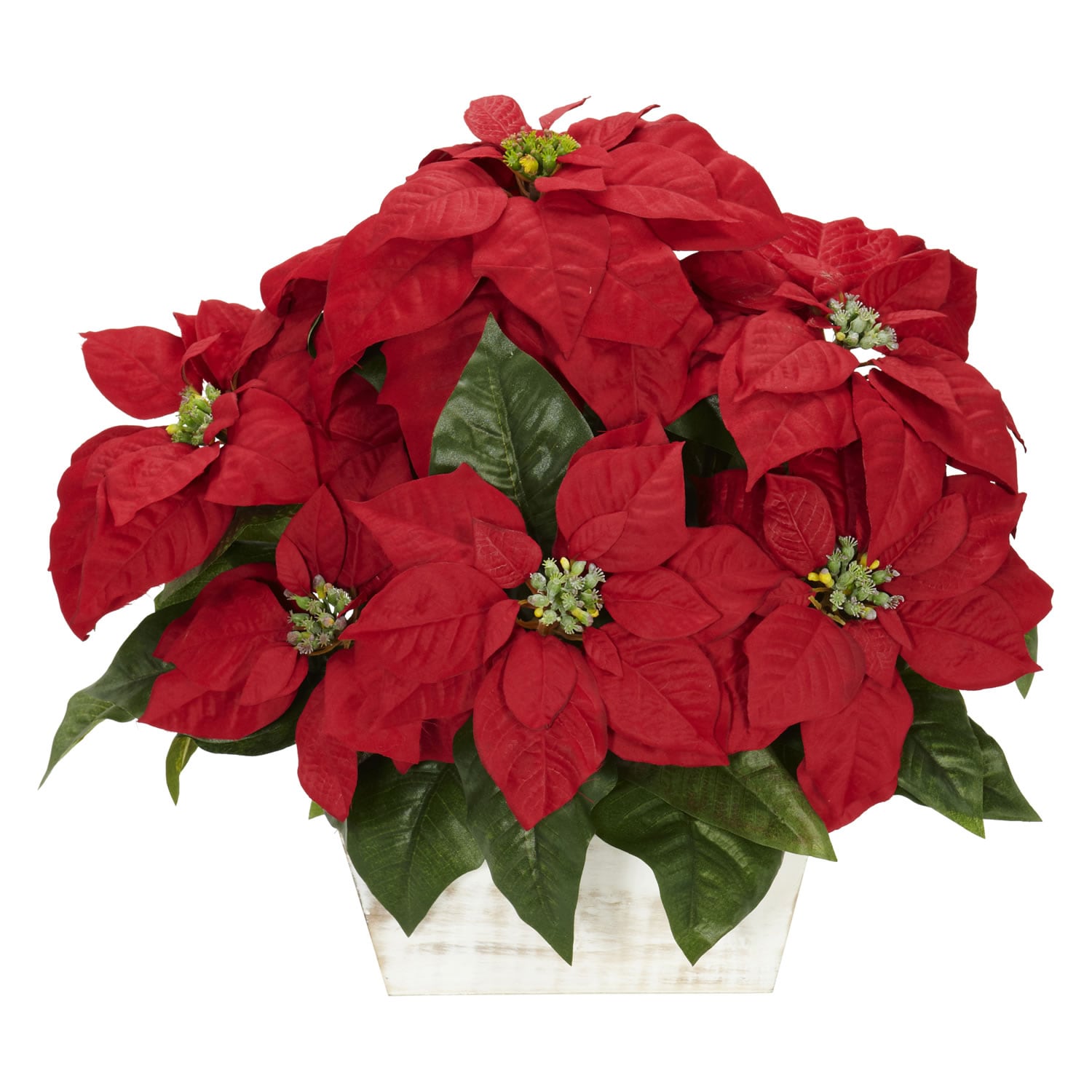 Poinsettia With White Wash Planter Silk Flower Arrangement