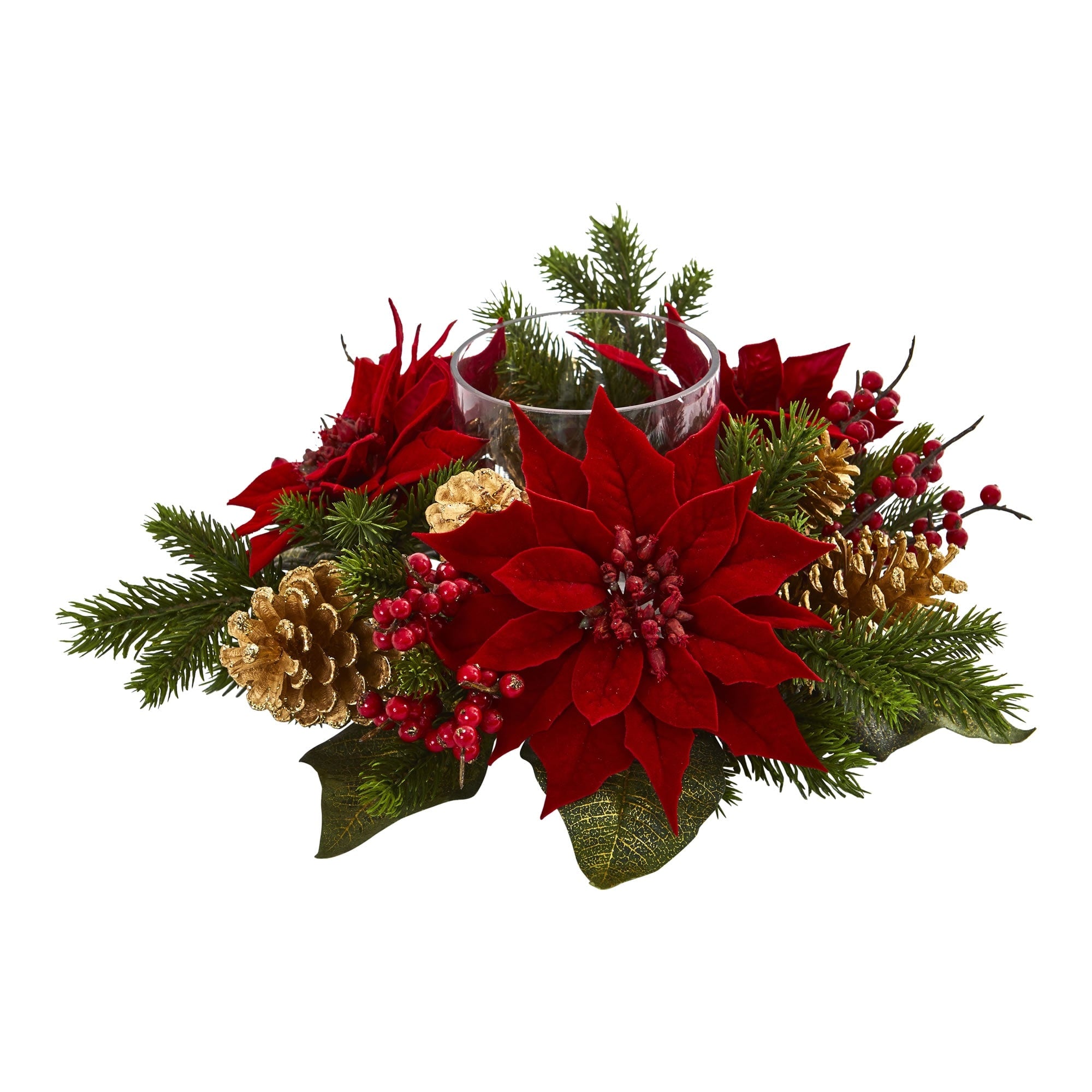 Poinsettia Berry And Golden Pine Cone Candelabrum Artificial Arrangement