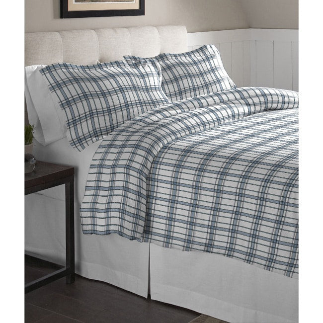 Pointehaven Blue Plaid Printed Cotton Flannel Duvet Set