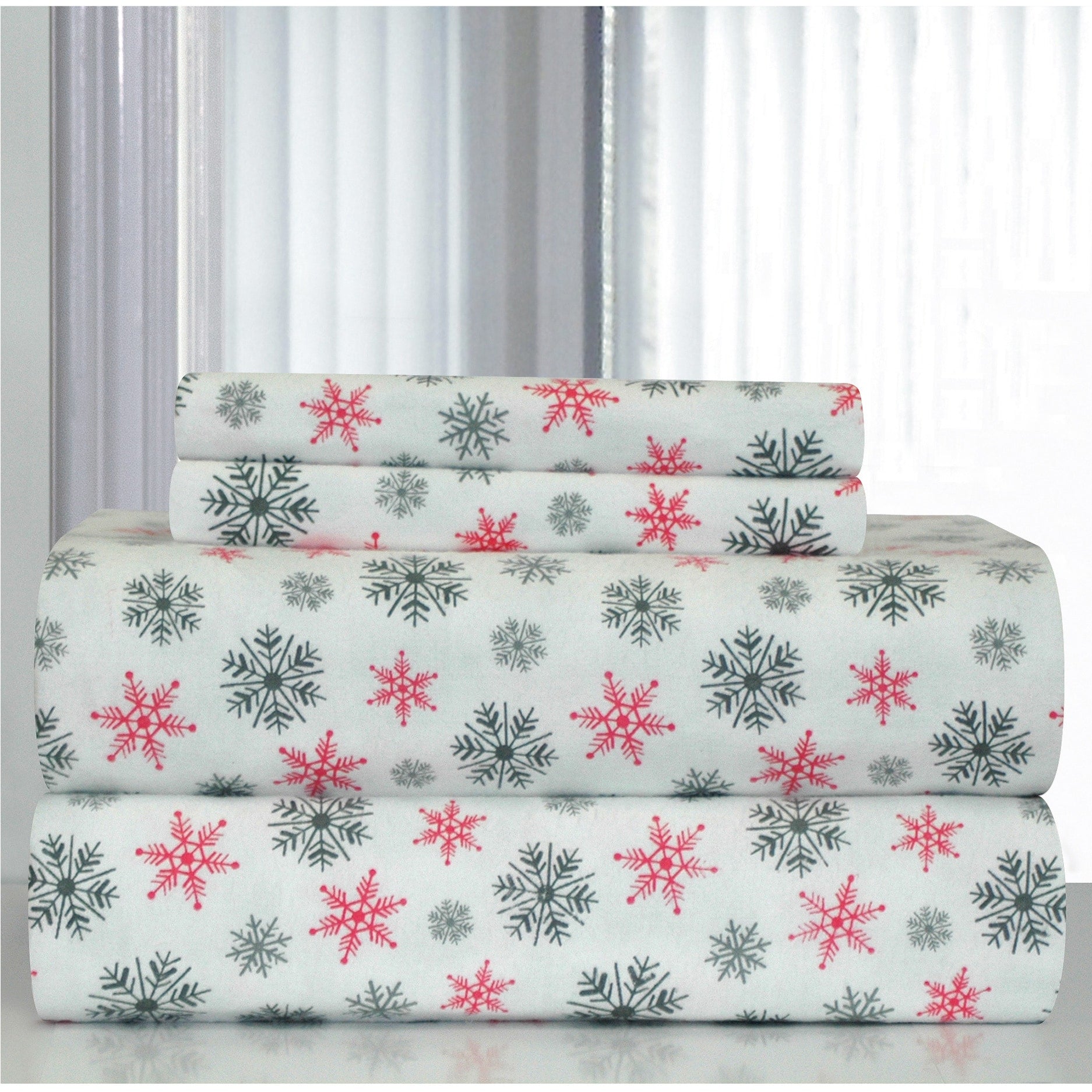 Pointehaven White Snowflakes Printed Heavyweight Flannel Sheet Set