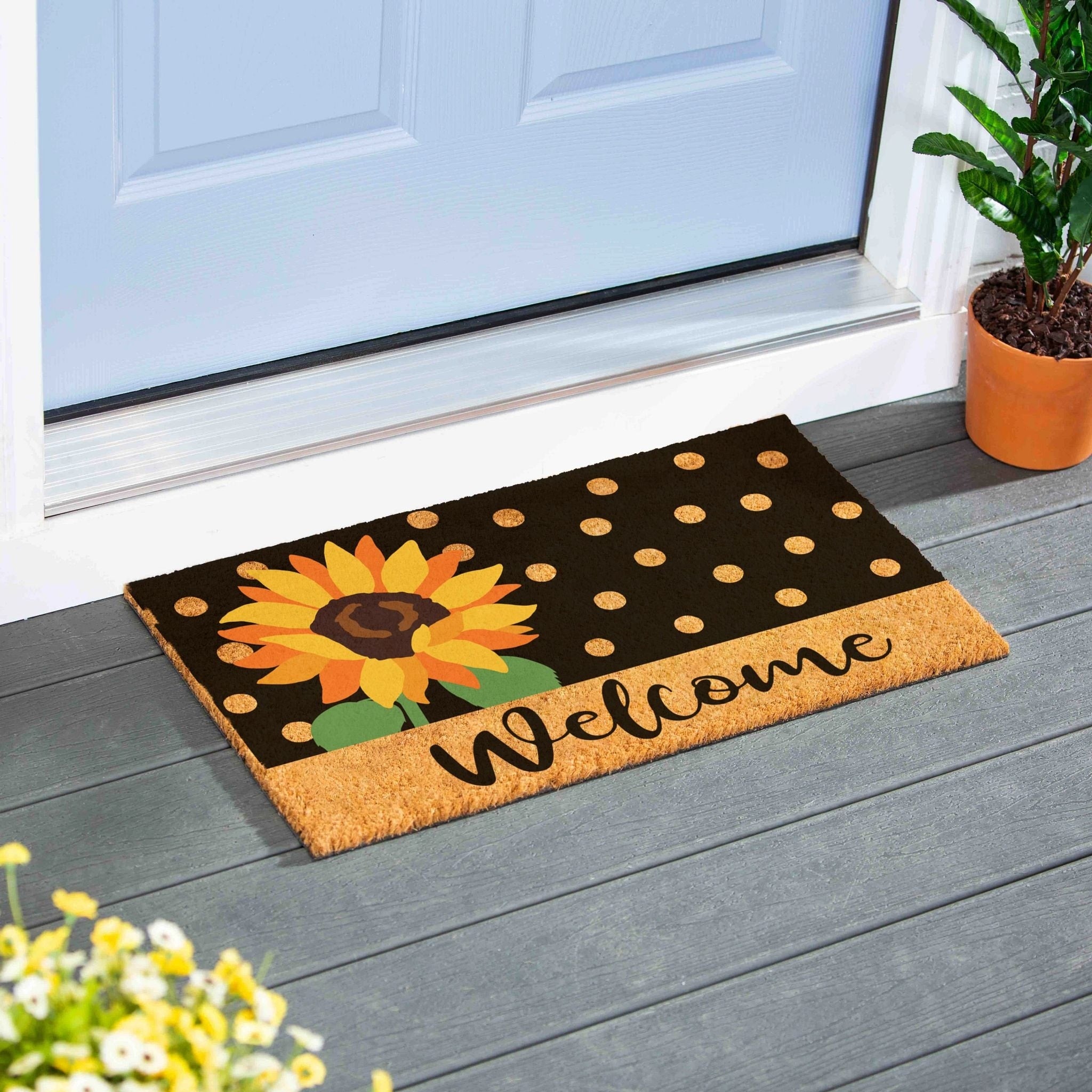 Polka Dot Sunflower Welcome Coir Door Mat 30 X 18 30 X 18