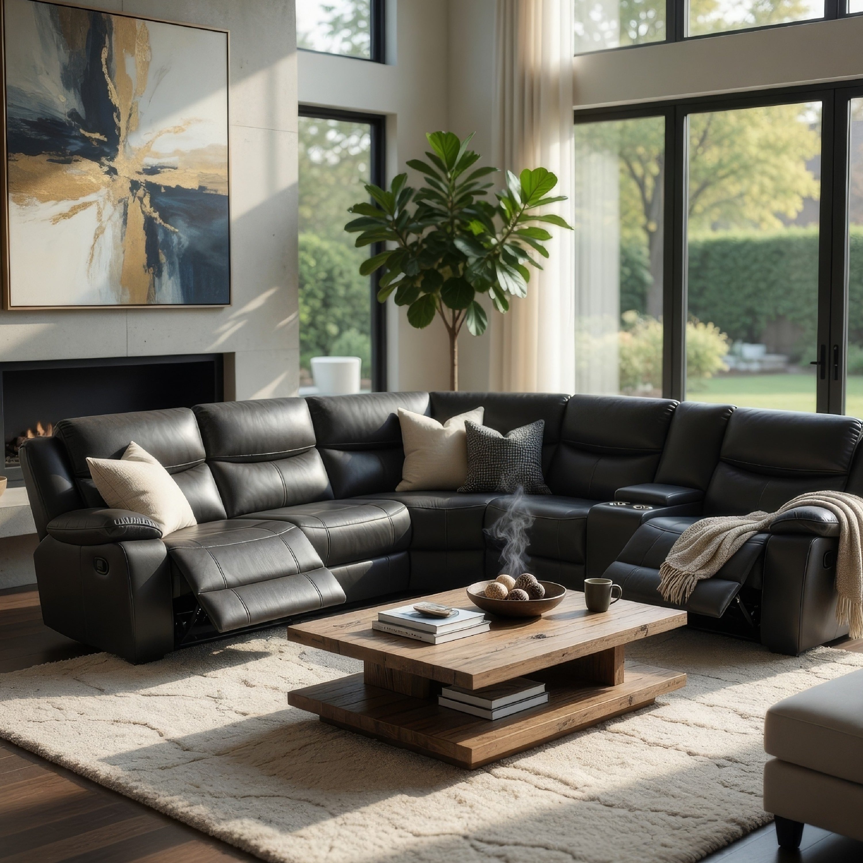 Polly Manual Recliner Sectional Sofa Gray Faux Leather 123 Inch
