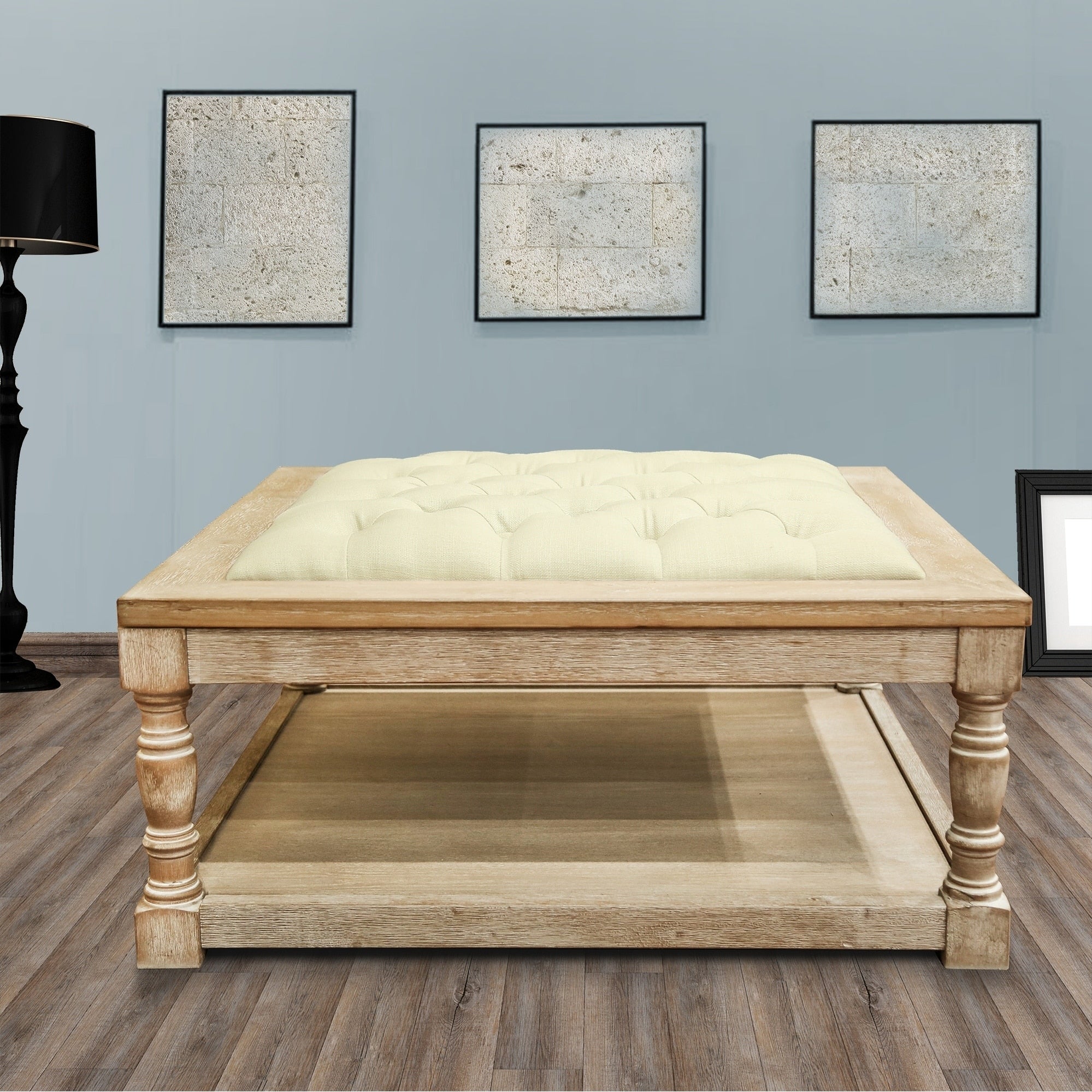Polman 34 Inch Cream Tufted Cocktail Ottoman With Wood Perimeter Shelf