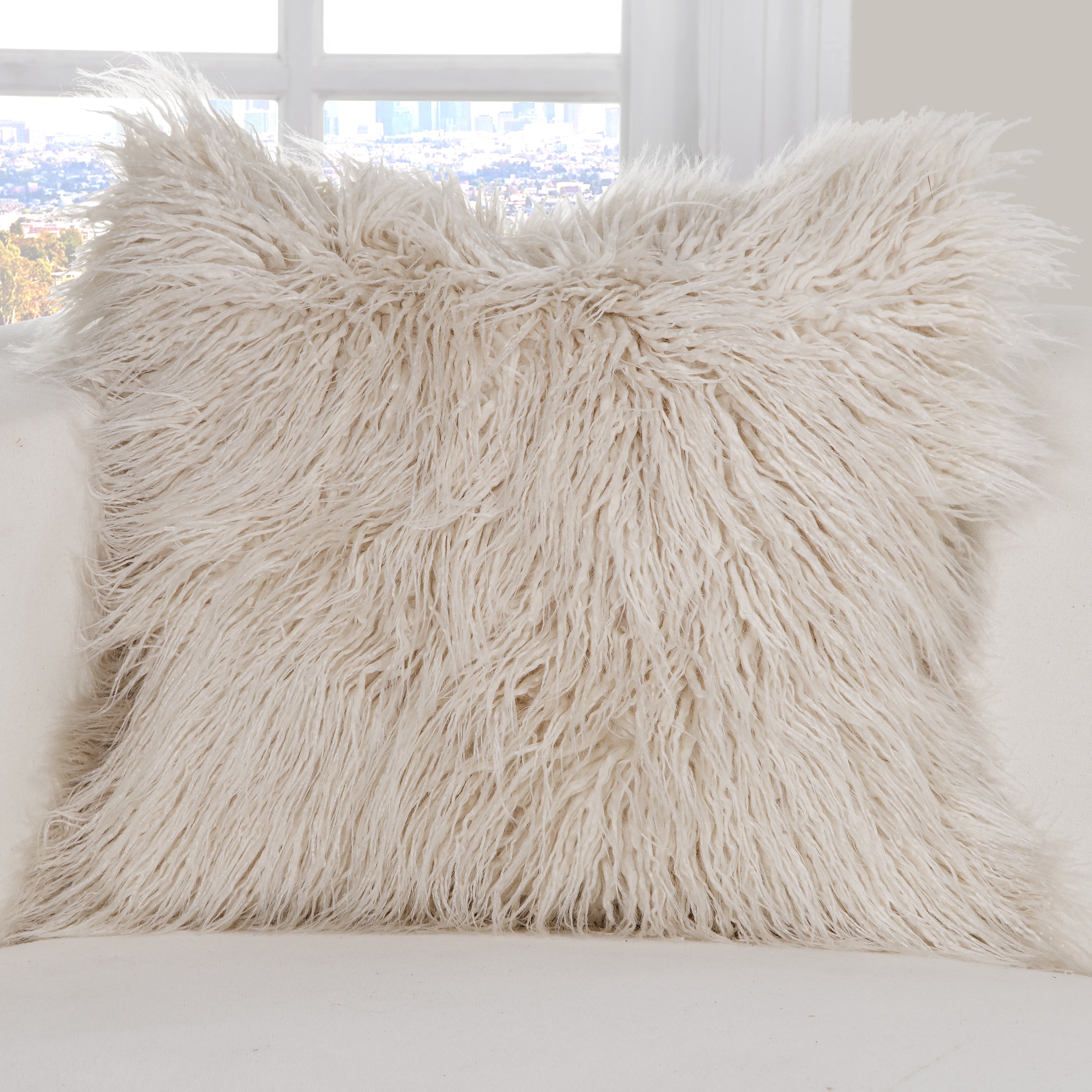 Pologear Off White Washable Faux Fur Llama Square Accent Pillow