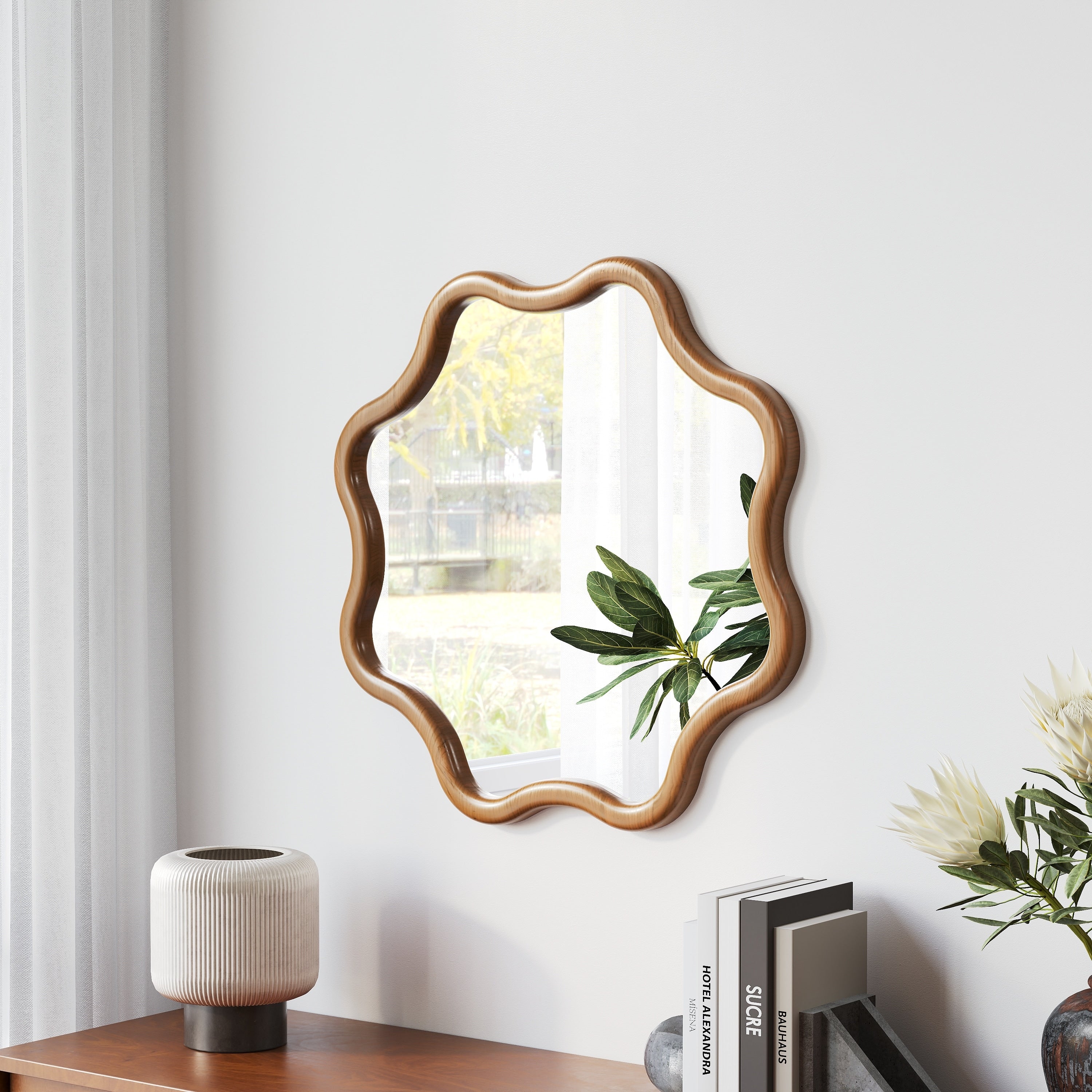 Polygonal Wooden Frame Decorative Mirror Art Style Wall Mounted Dressing Mirror