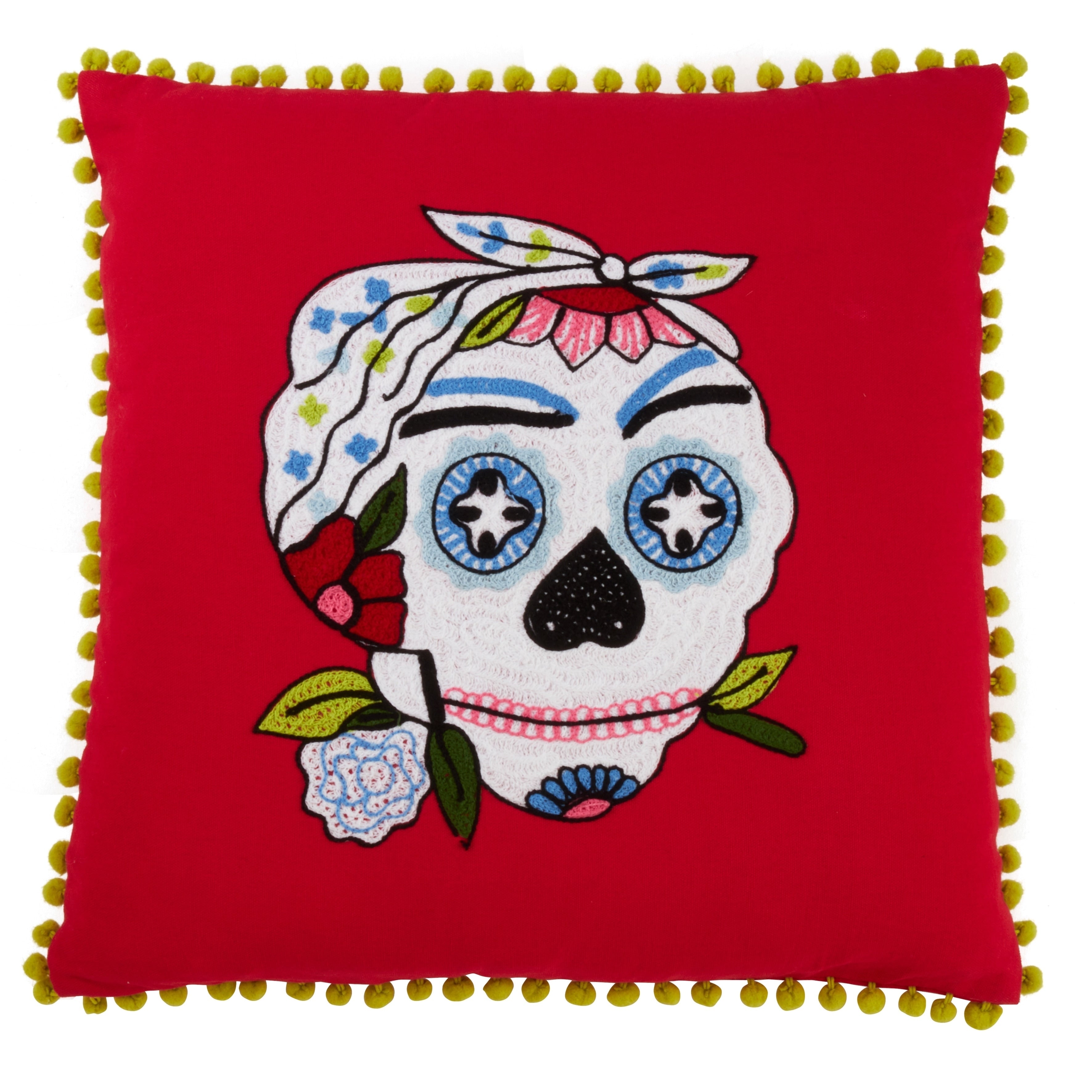 Pom Pom Trimmed Sugar Skull Pillow.