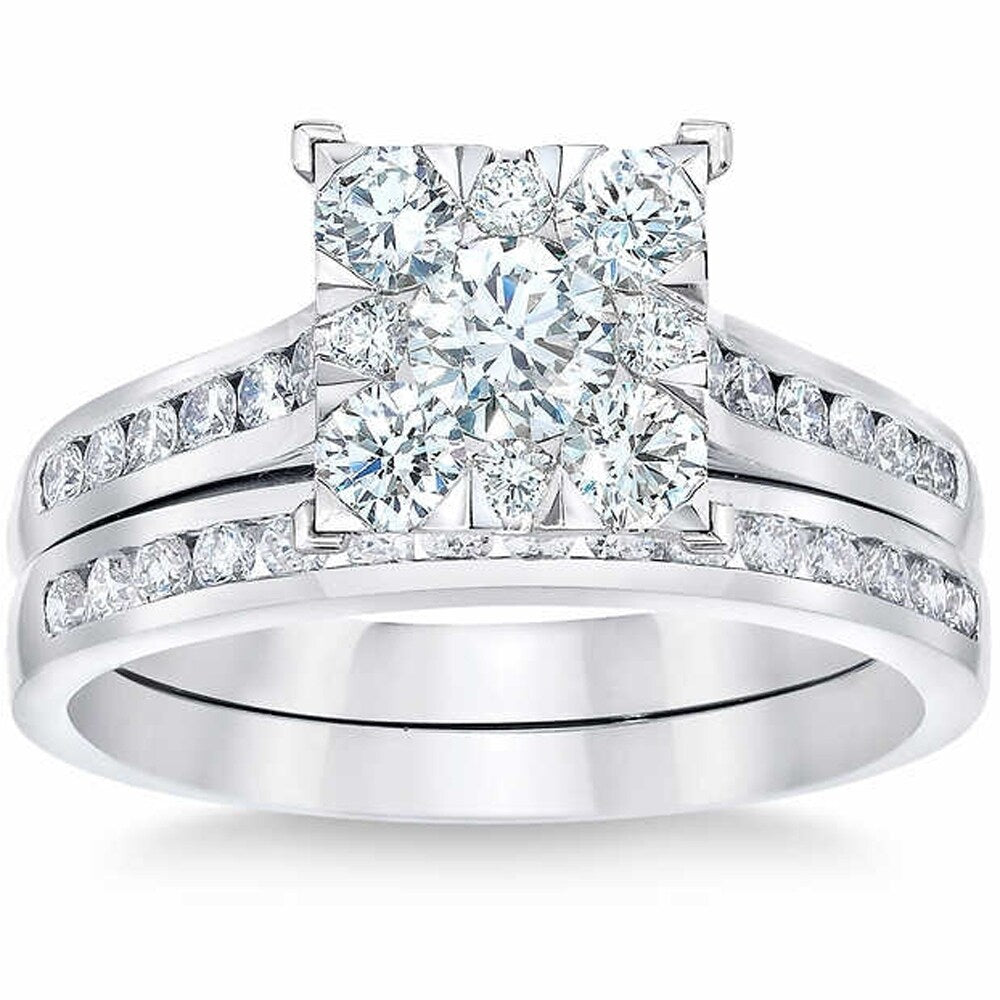 Pompeii3 10K White Gold 2 Ct Diamond Engagement Wedding Ring Set Princess Cut Square Framed