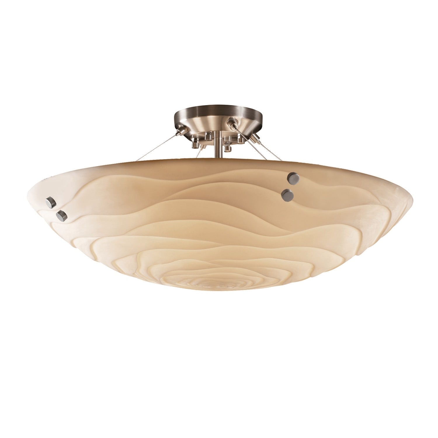 Justice Design Porcelina Finials 48 Inch Brushed Nickel Round Semi Flush Bowl With Pair Cylindrical Finials Waves Shade