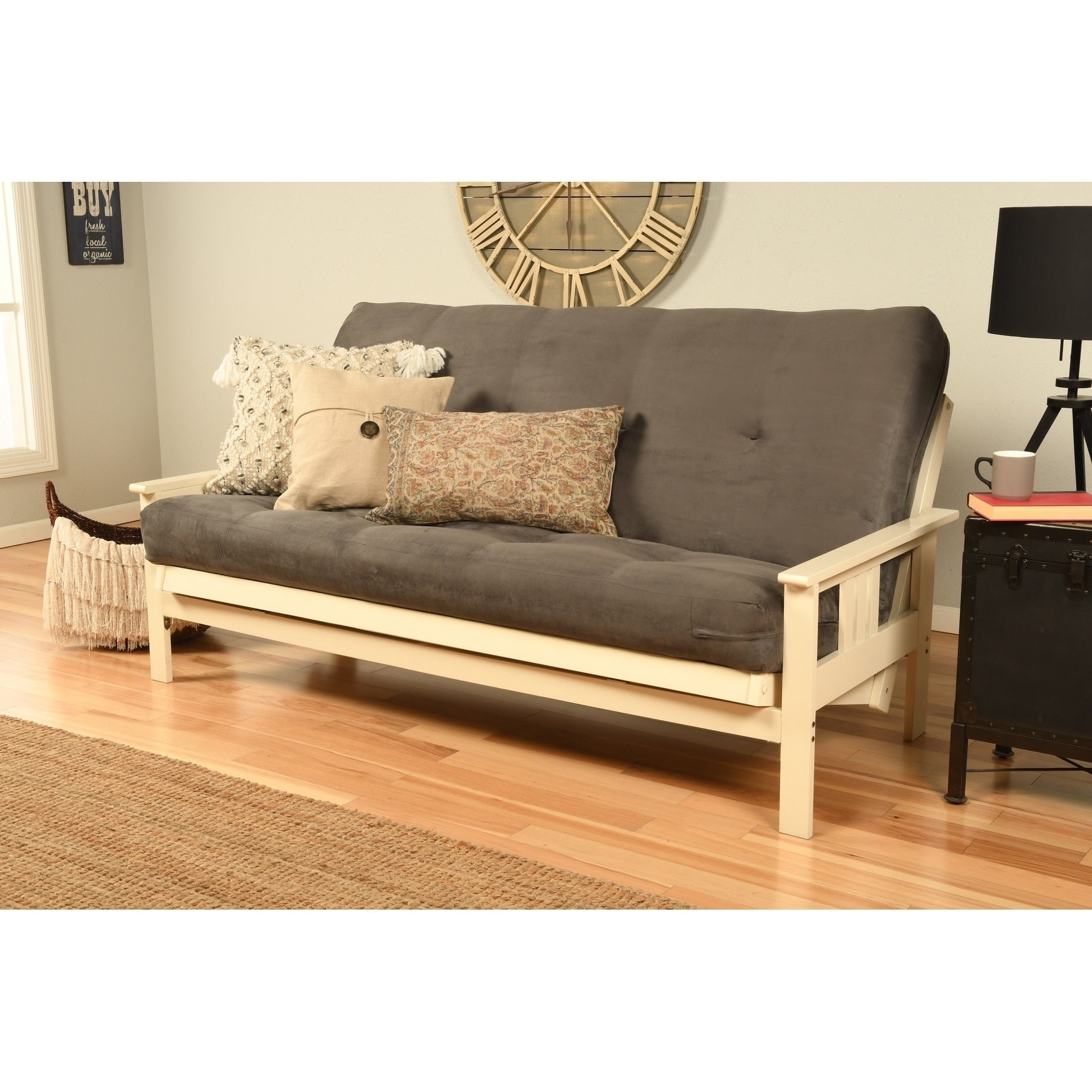 Porch Den Kern Futon With Antique White Frame And Suede Grey Mattress