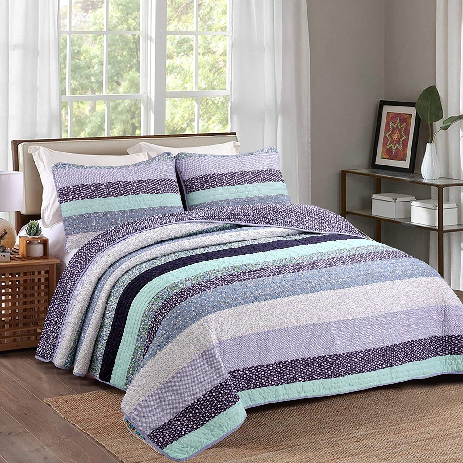 Porch Den Applegate Aqua Lilac Striped Cotton 3 Piece Reversible Quilt Set