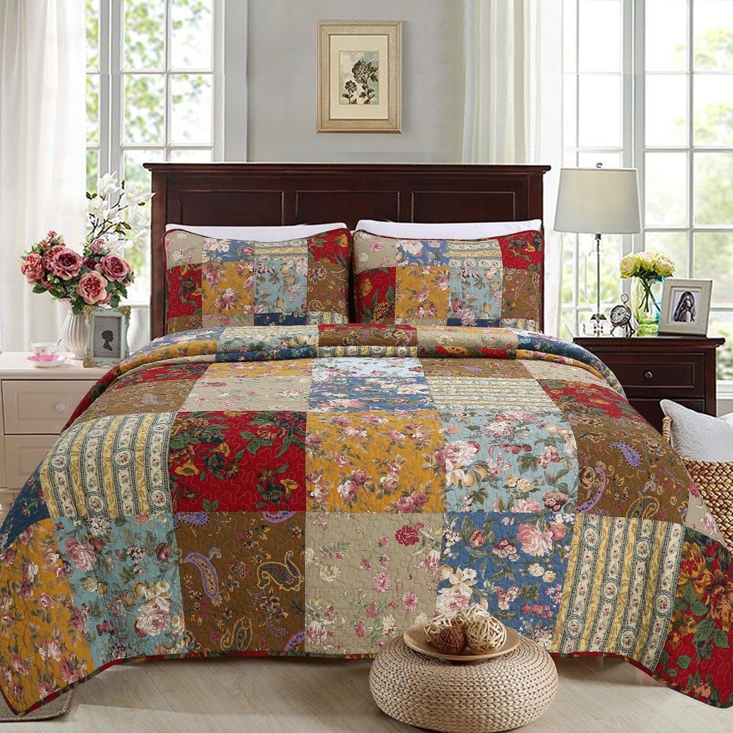 Porch Den Arbordale Floral Patchwork Cotton 3 Piece Reversible Quilt Set