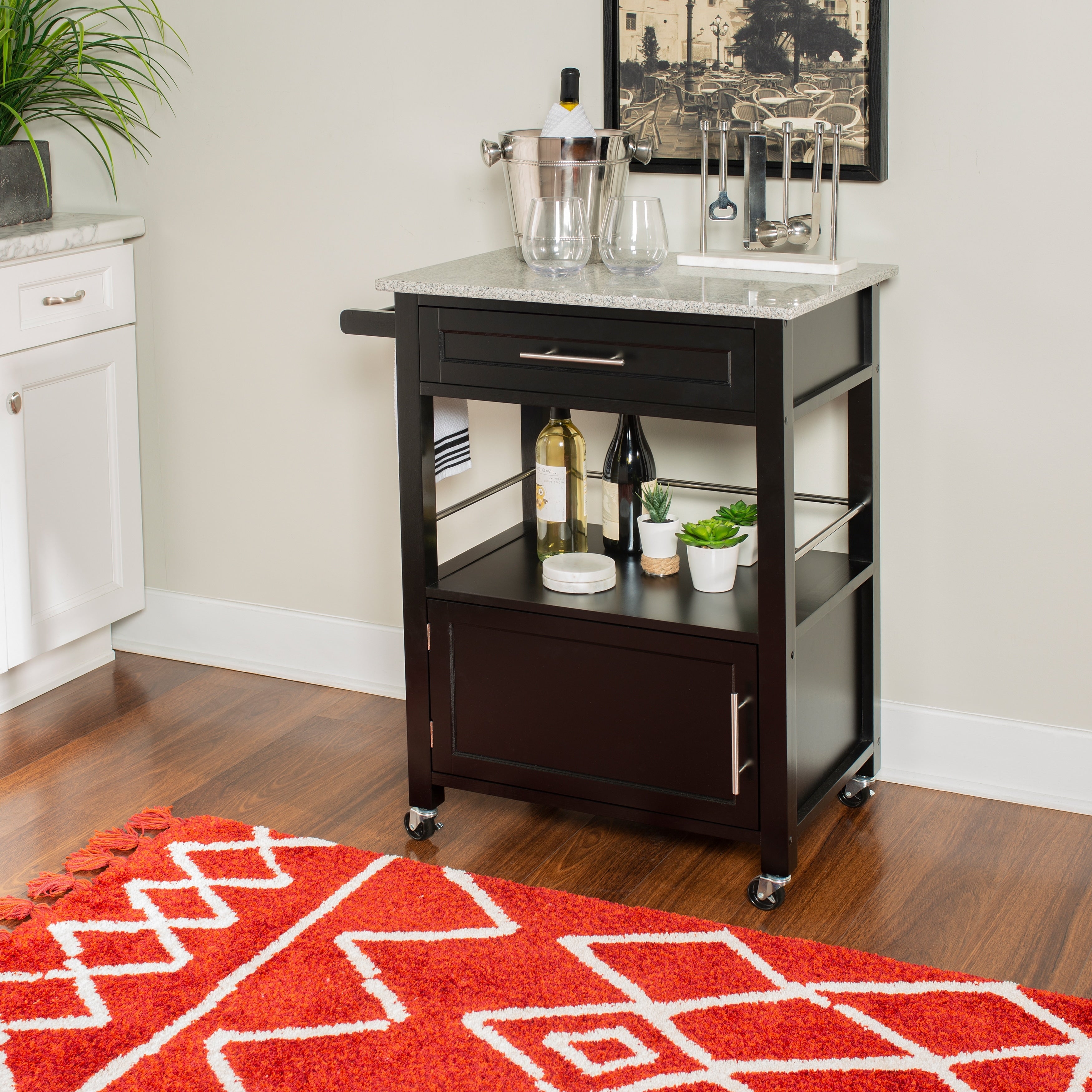 Porch Den Bigelow Black Wood Granite Top Kitchen Cart