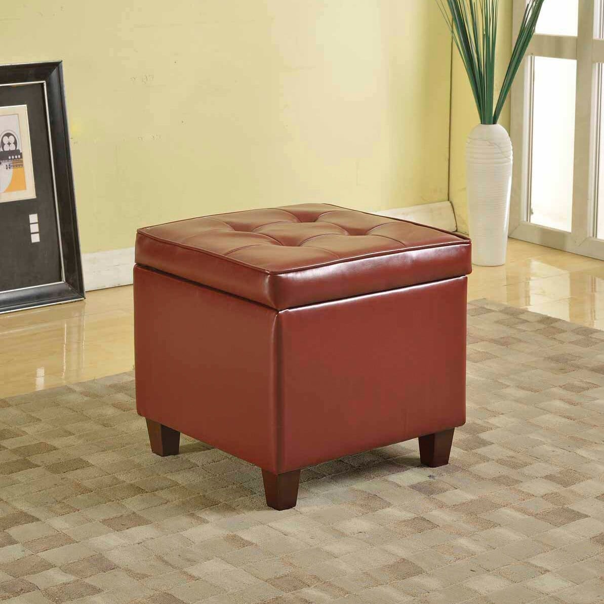 Porch Den Ambrose Tufted Square Dark Red Leatherette Storage Ottoman