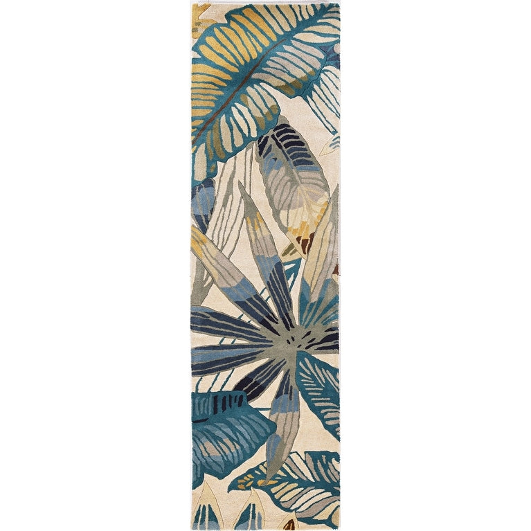 Porch Den Bushong Ivory Teal Tropical Leaf Area Rug