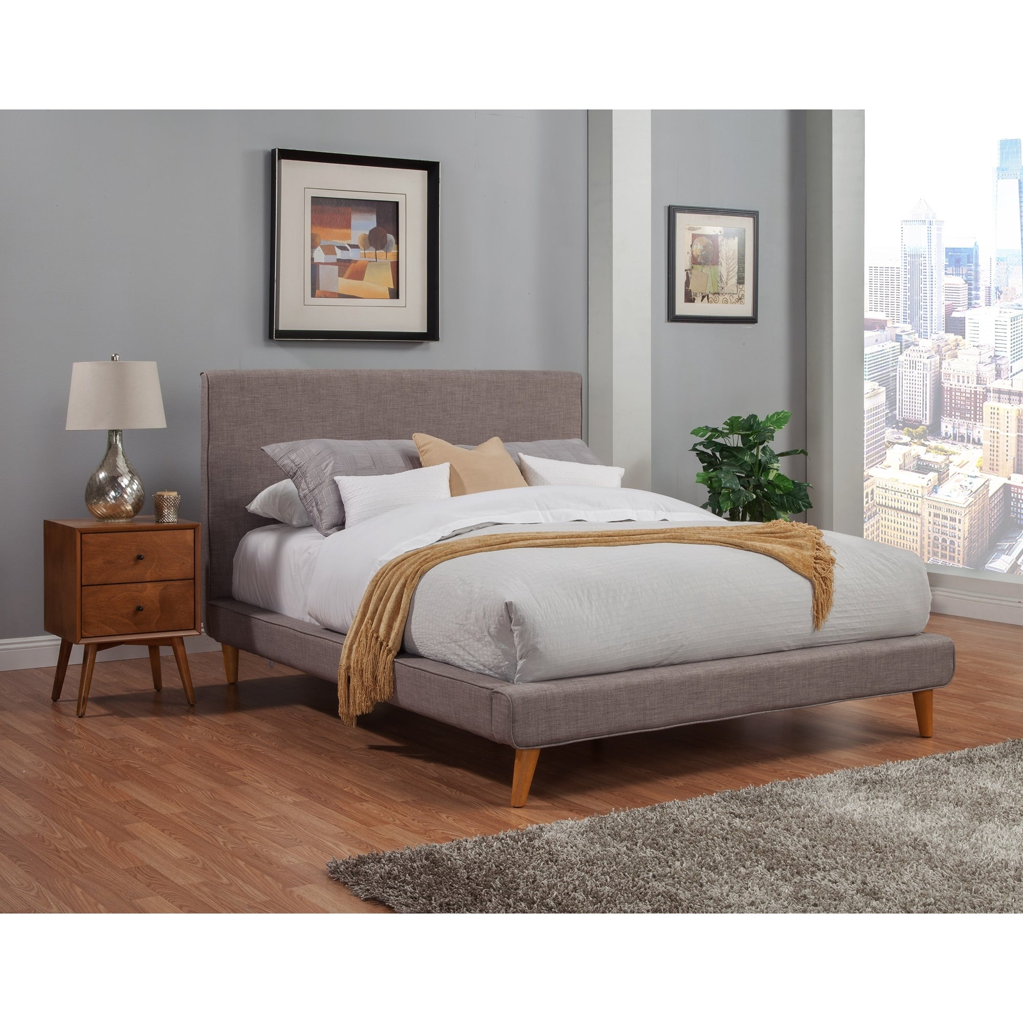 Alpine Furniture Britney Upholstered Platform Bed Dark Grey