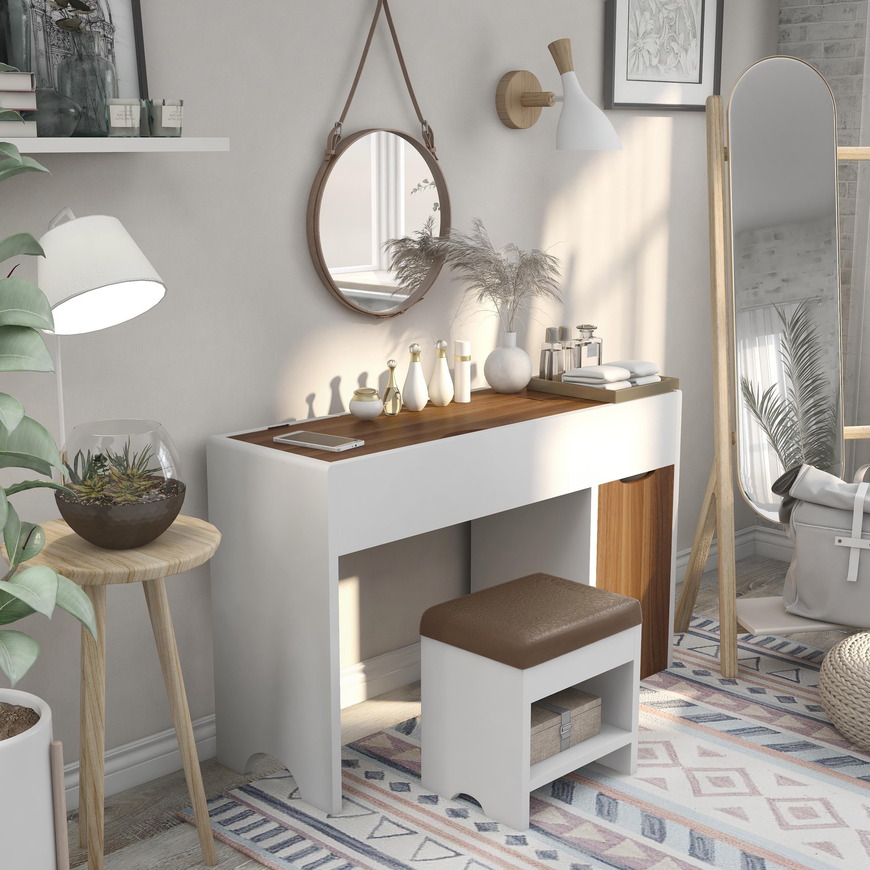 Solara Contemporary White 2 Piece Vanity Table And Stool Set By Foa