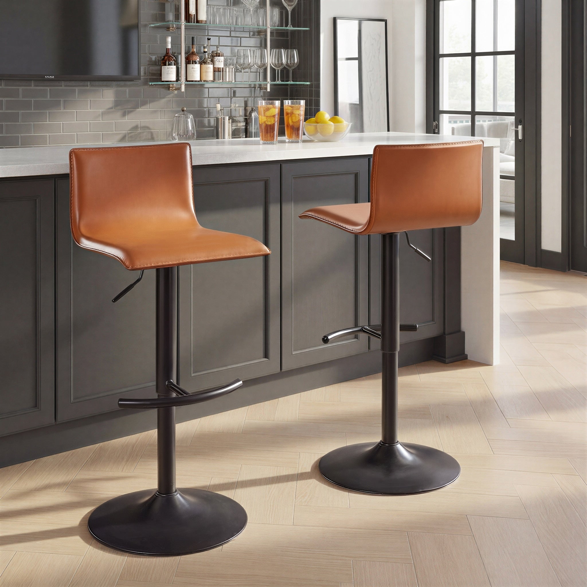 Porch Den Magda Upholstered Adjustable Bar Stool With Rounded T Footrest Set Of 2