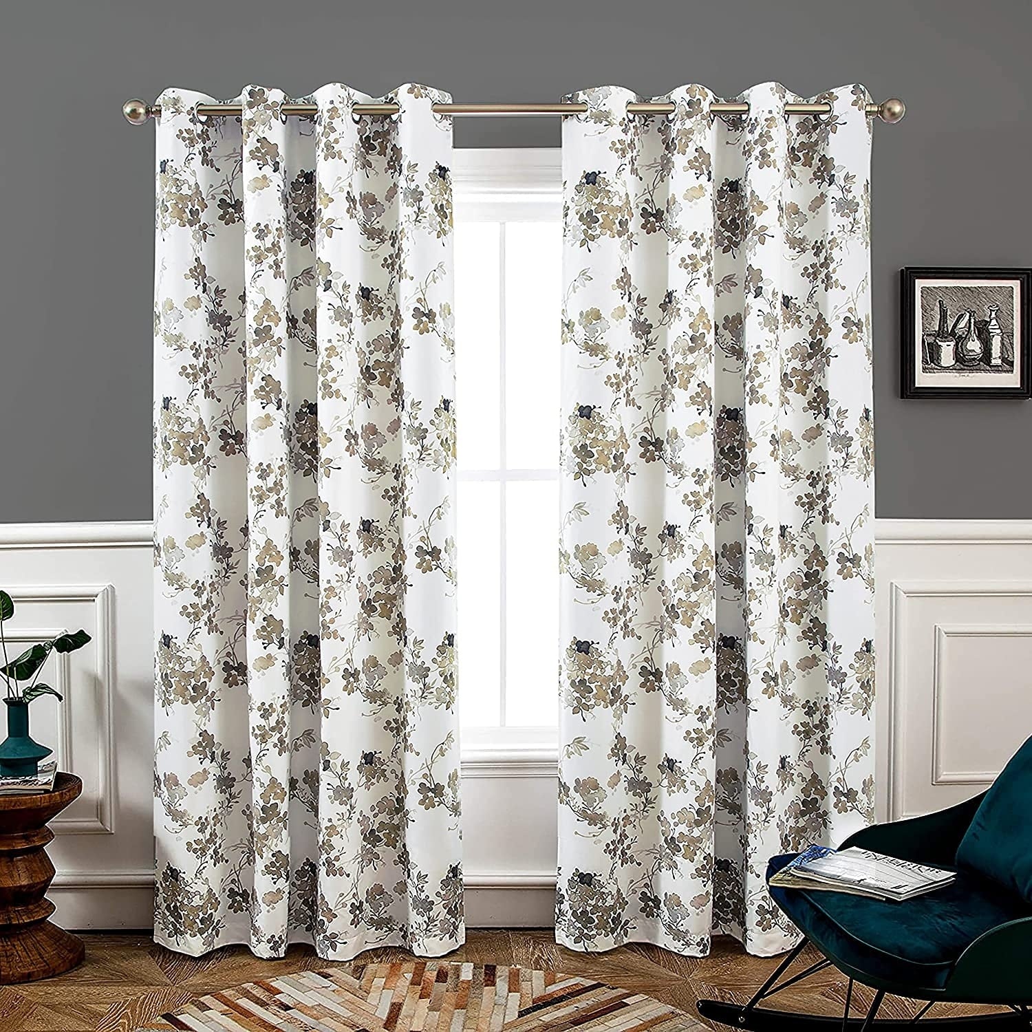 Porch Den Oakmeadow Beige Floral Blackout Thermal Curtain Panel Pair