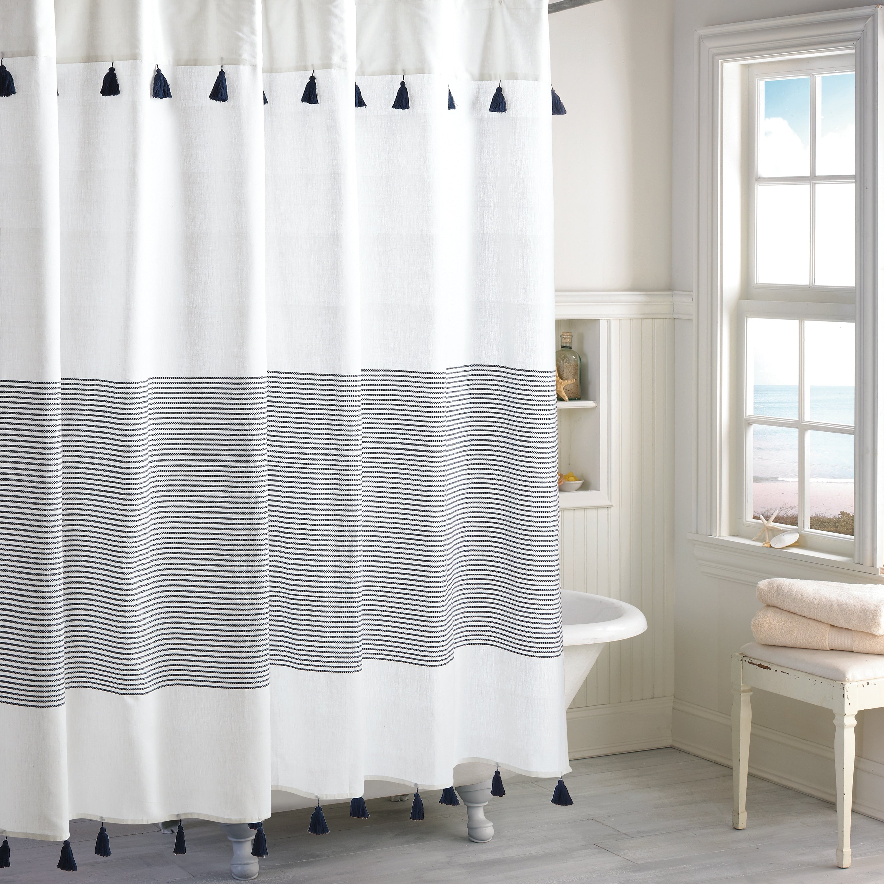 Porch Den Onassis Modern Stripe Tassel Shower Curtain