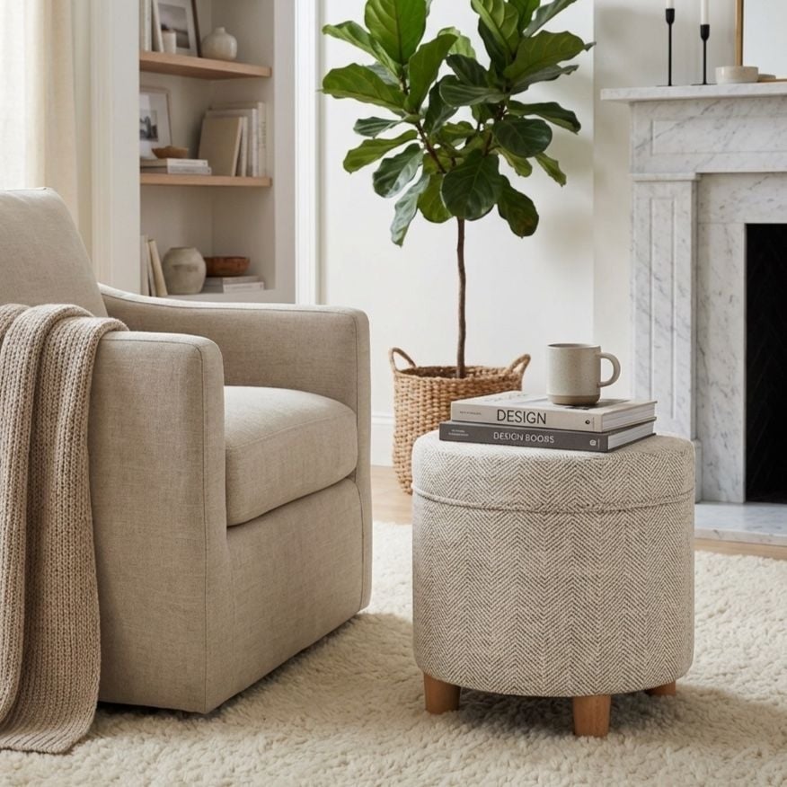 Homepop Round Storage Ottoman Teal Tweed