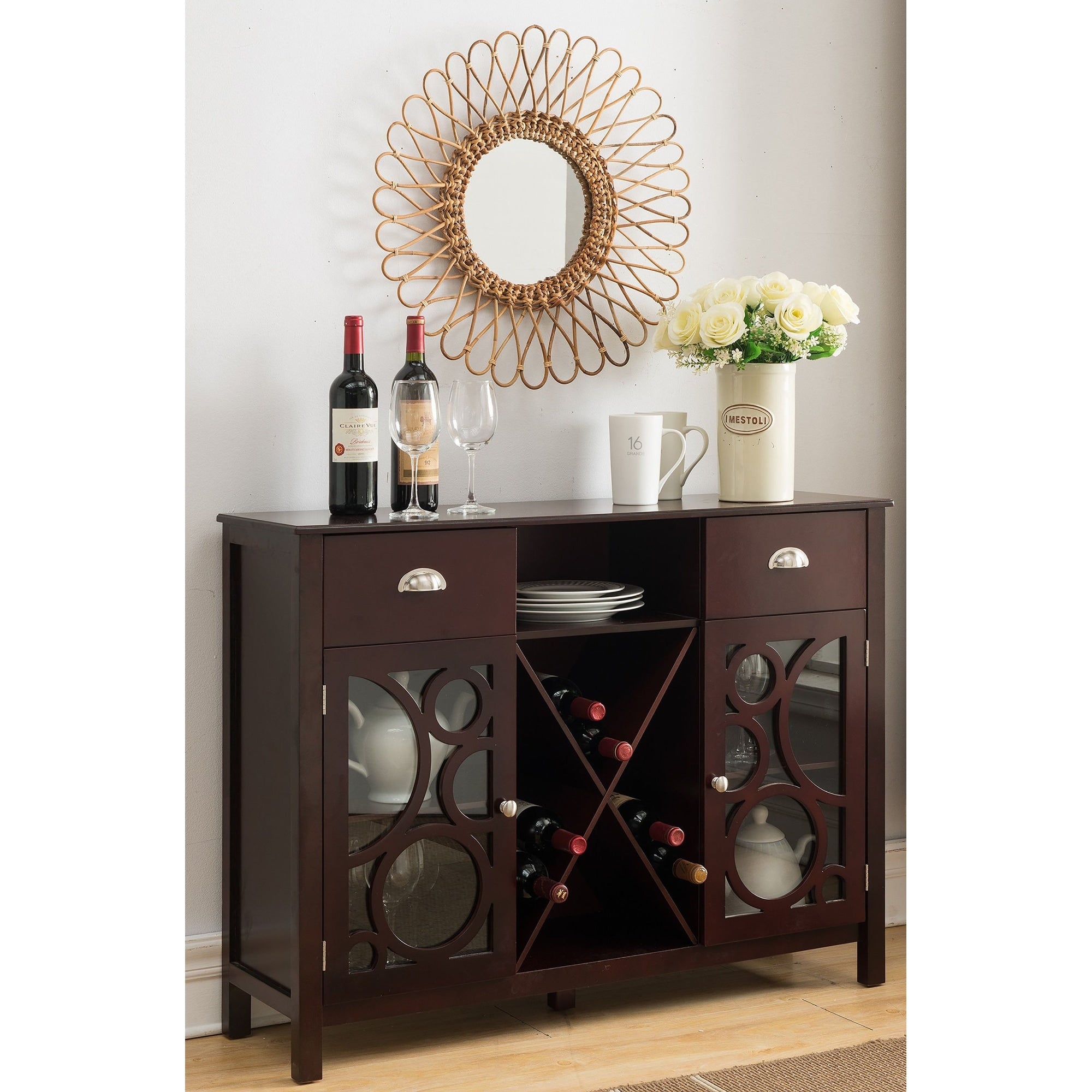 Porch Den Pitcairn Dark Cherry Wood Storage Wine Cabinet