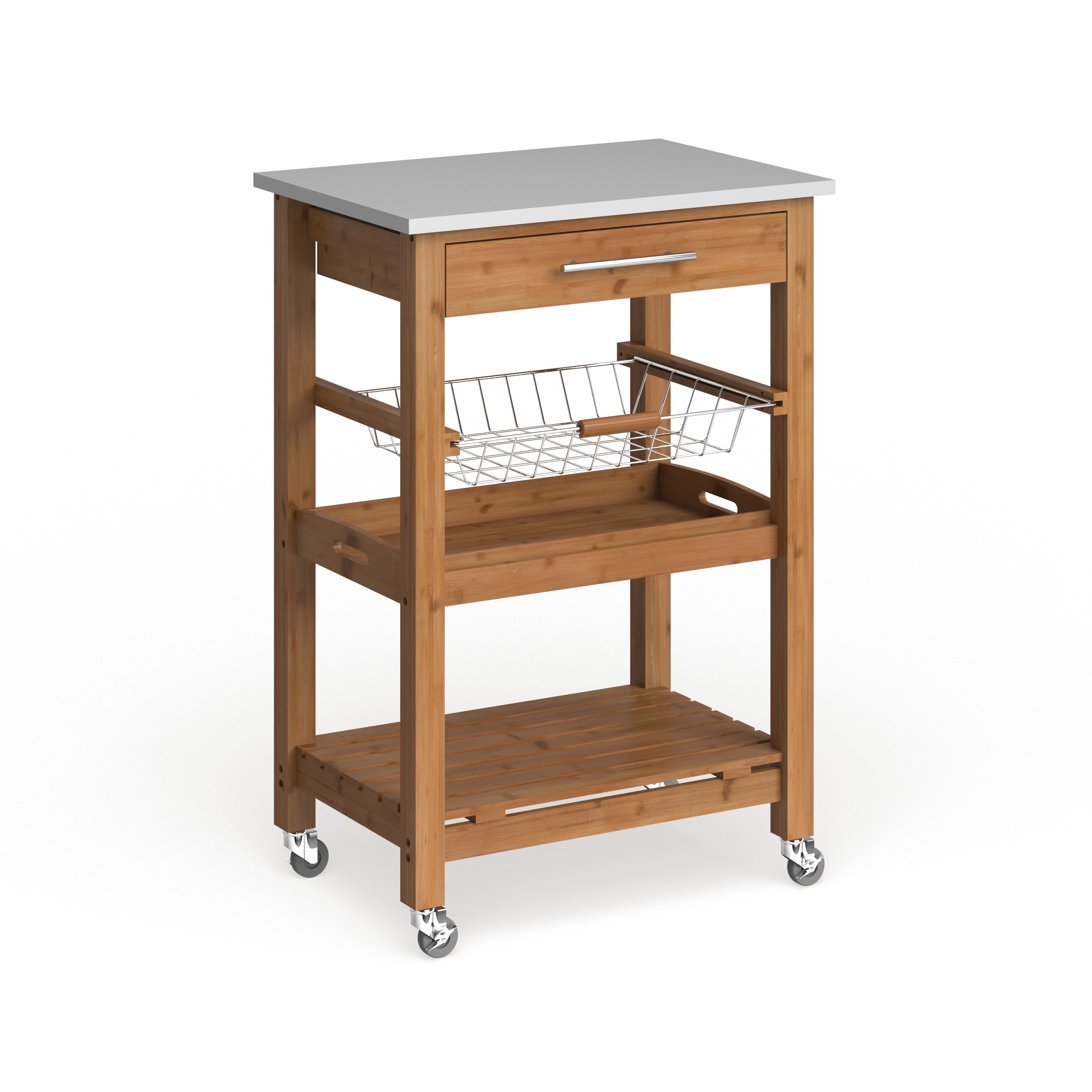 Porch Den Ramsey Bamboo Kitchen Cart With Stainless Steel Top