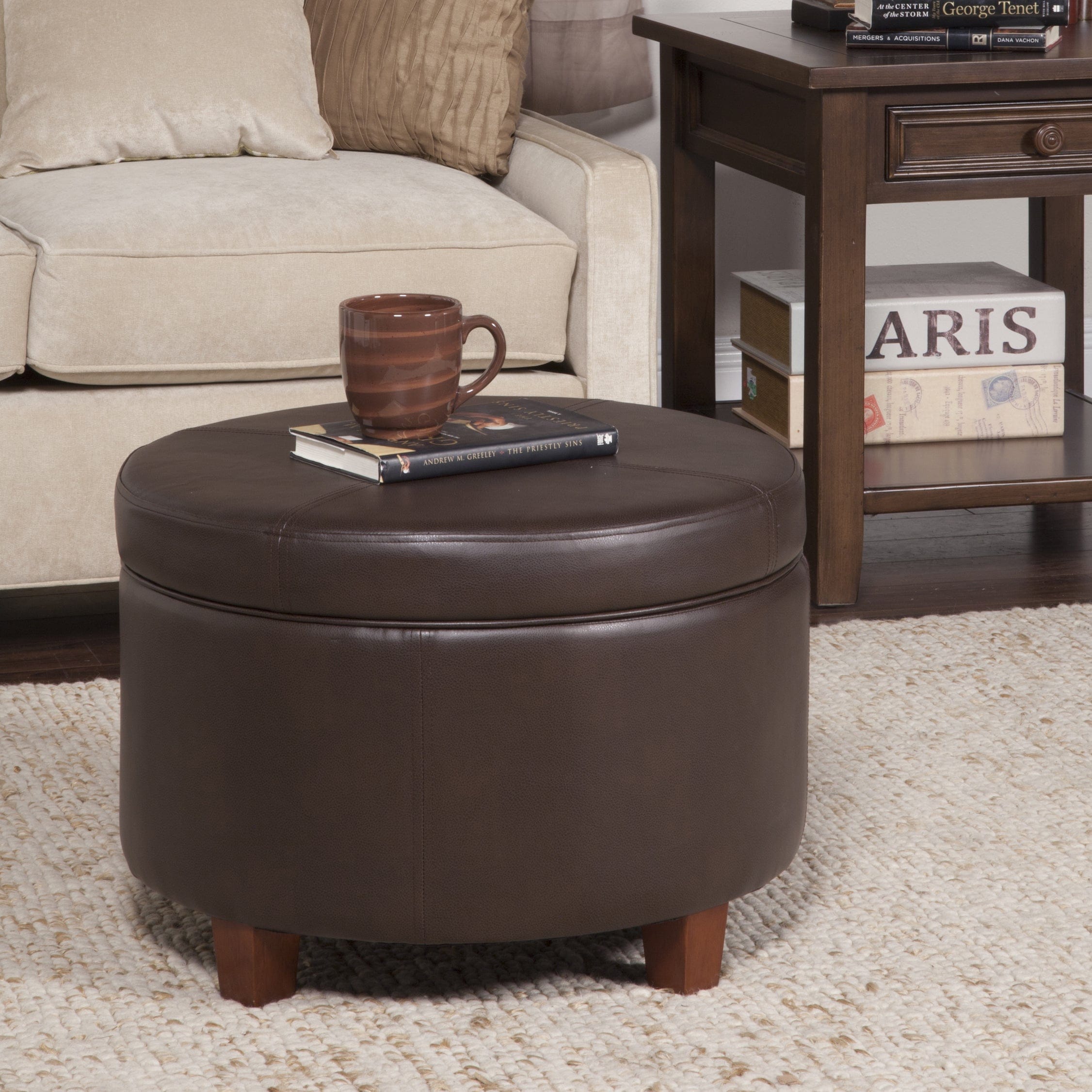 Porch Den Rockwell Chocolate Brown Faux Leather Foam Wood Large Round Storage Ottoman